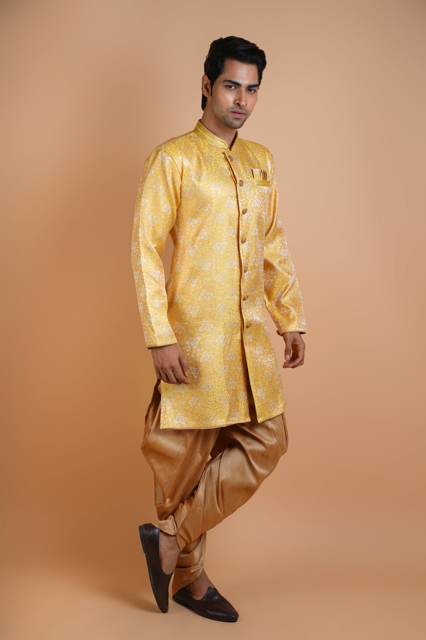 Bright Yellow Colour Indo Western Kurta Set with Extra Ordinary Pattern