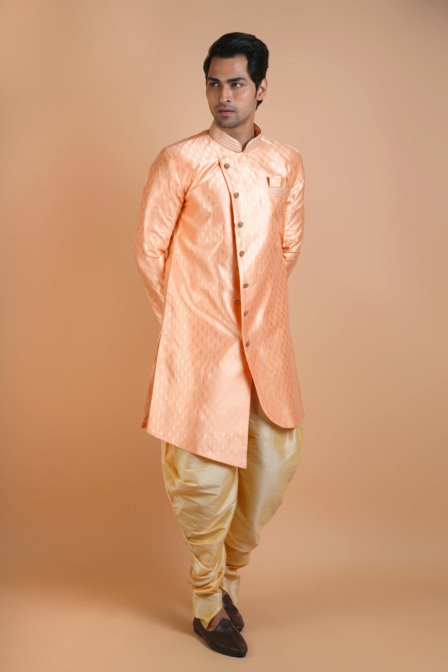 Bright Peach Colour Indo Western Kurta Set with Extra Ordinary Pattern