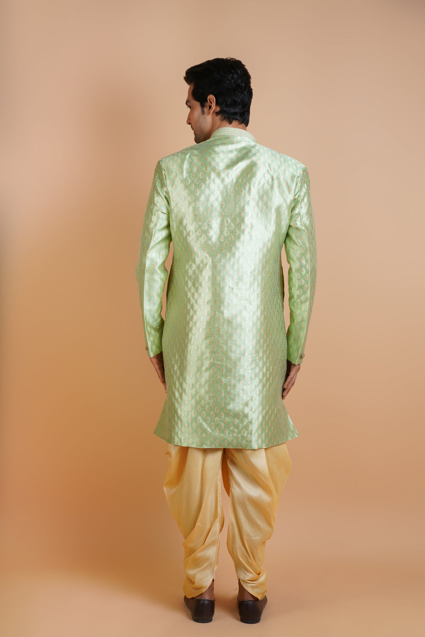 Shiny Radiant Green Colour Indo Western Kurta Set with Royal Pattern