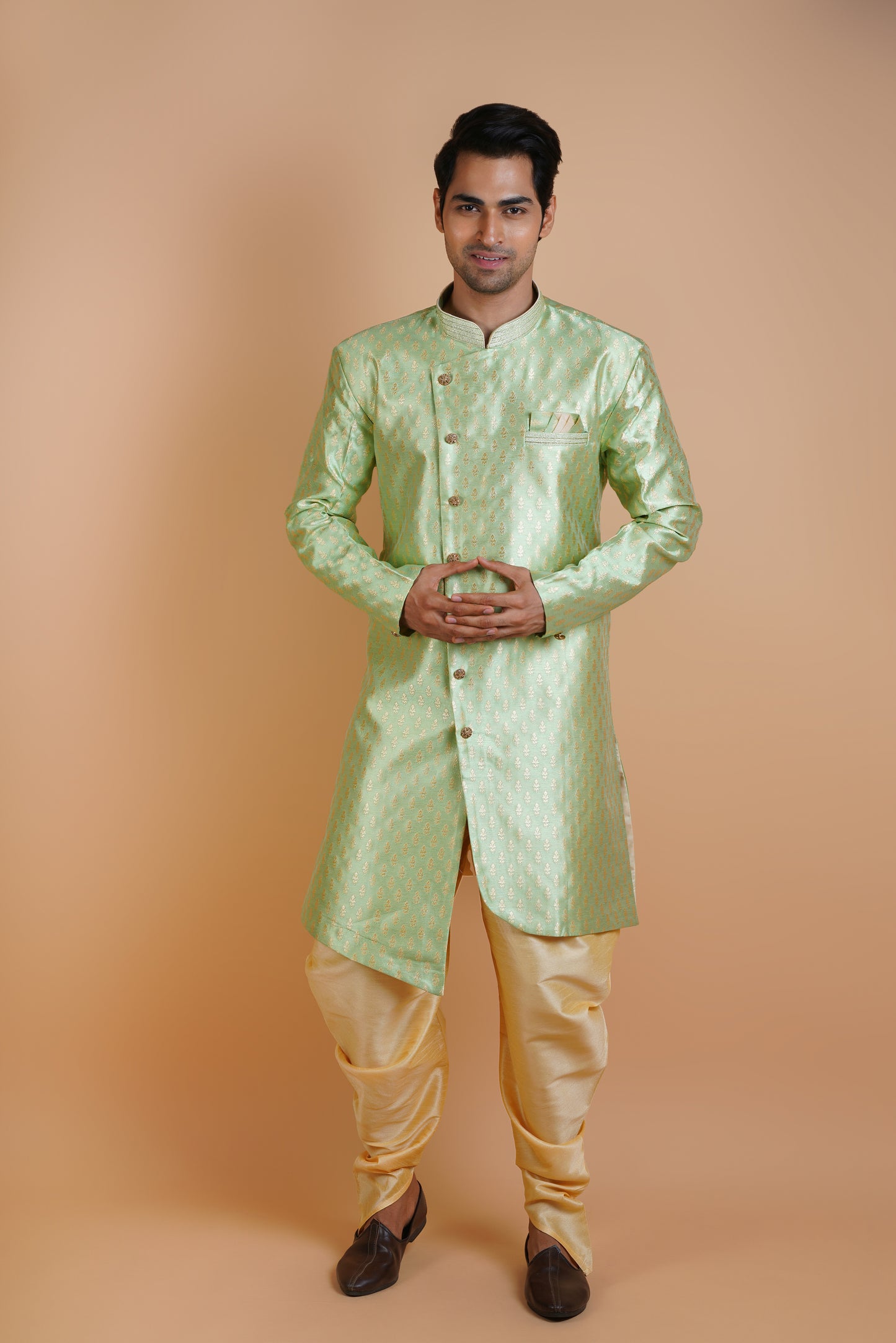 Shiny Radiant Green Colour Indo Western Kurta Set with Royal Pattern