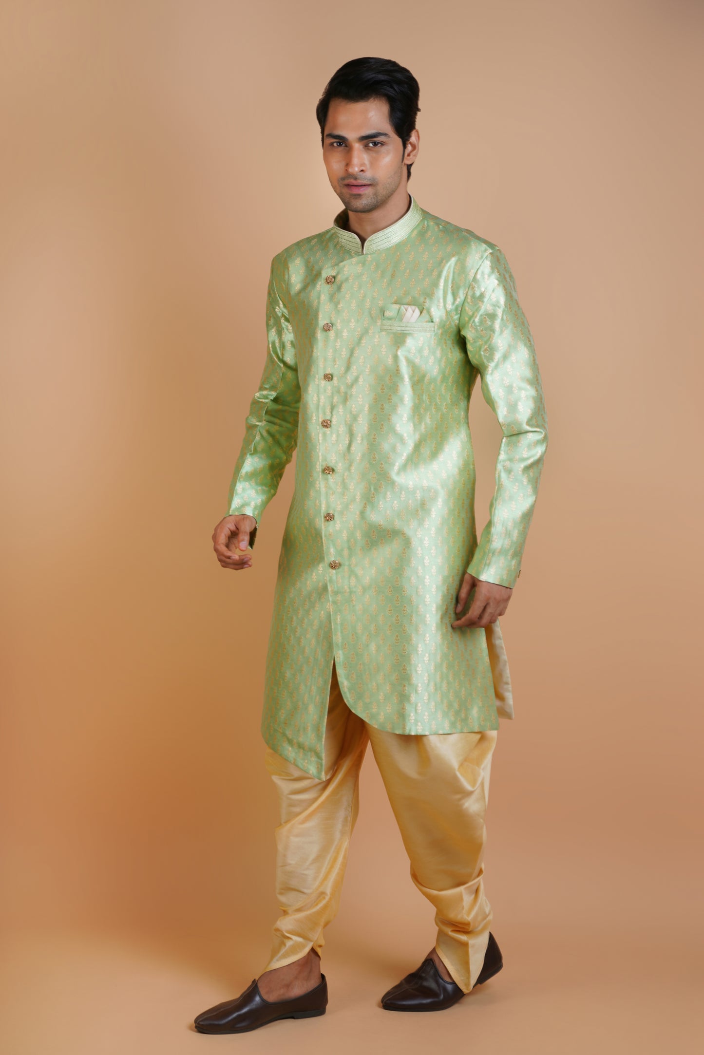 Shiny Radiant Green Colour Indo Western Kurta Set with Royal Pattern