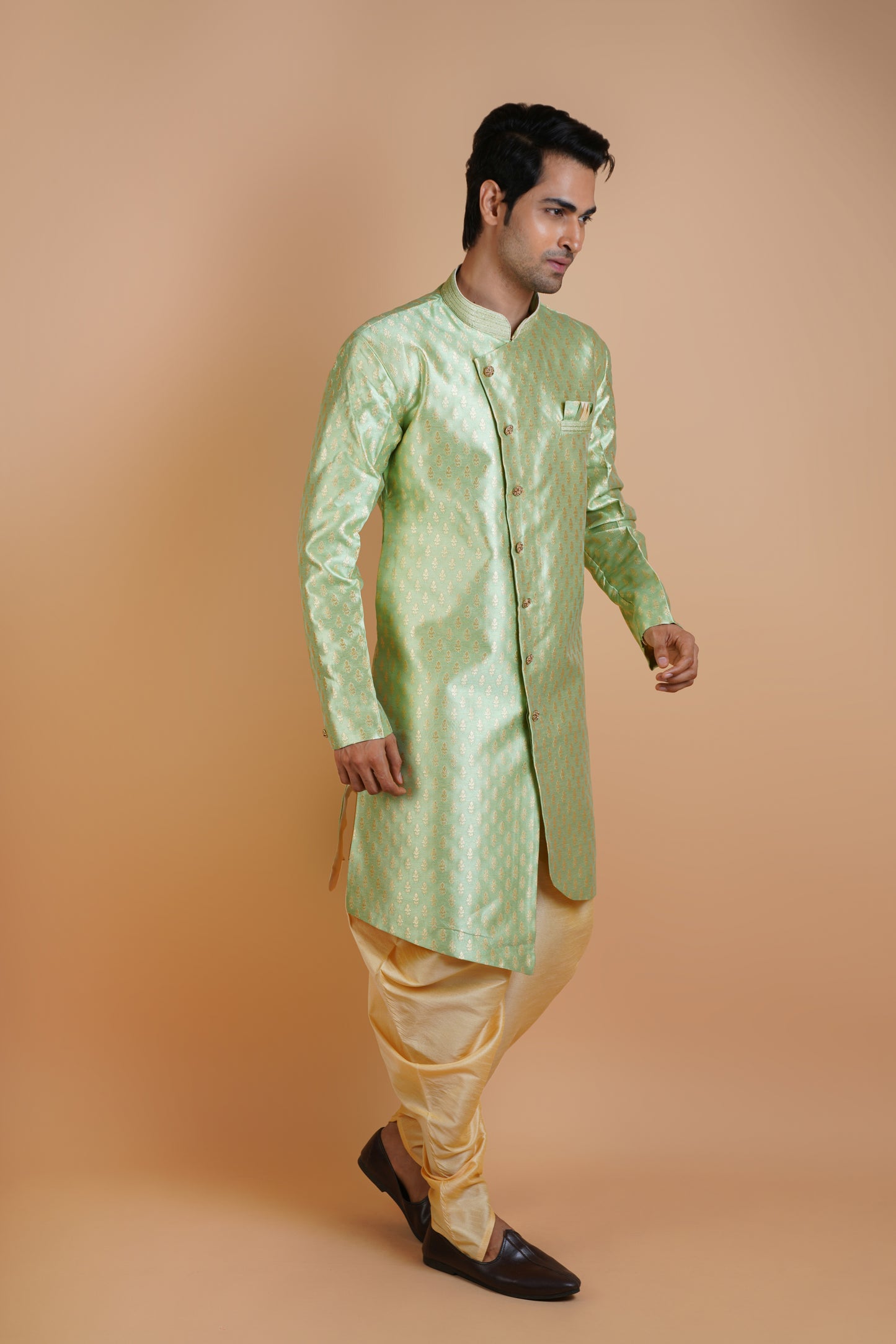 Shiny Radiant Green Colour Indo Western Kurta Set with Royal Pattern