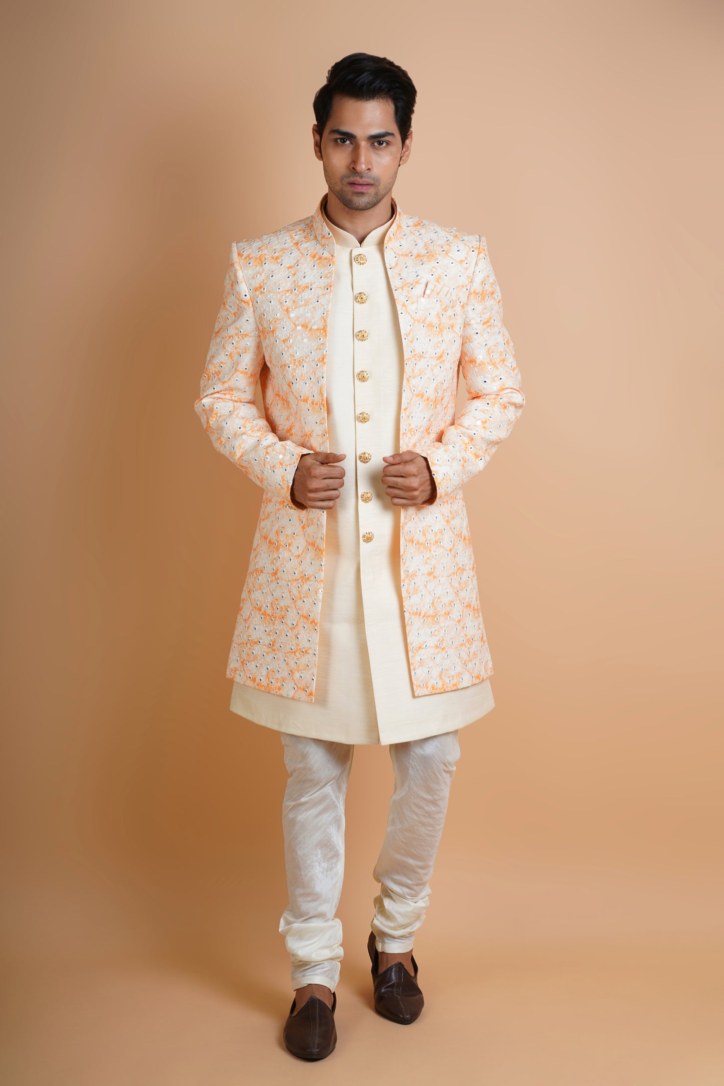 Light Shaded Orange on Beige Colour Indo Western Kurta Set with Sequin work