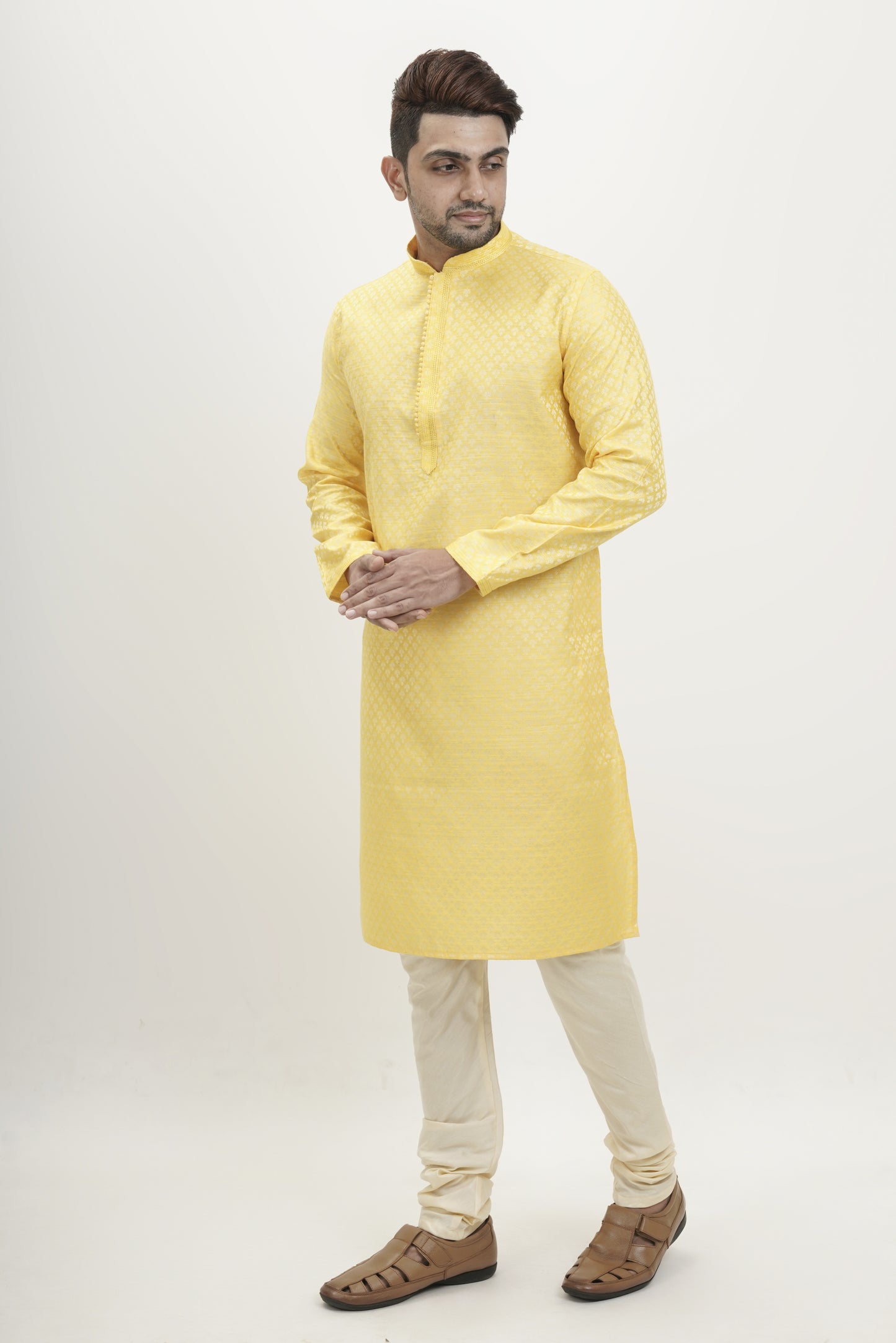 Light Yellow colour Plain Printed Kurta