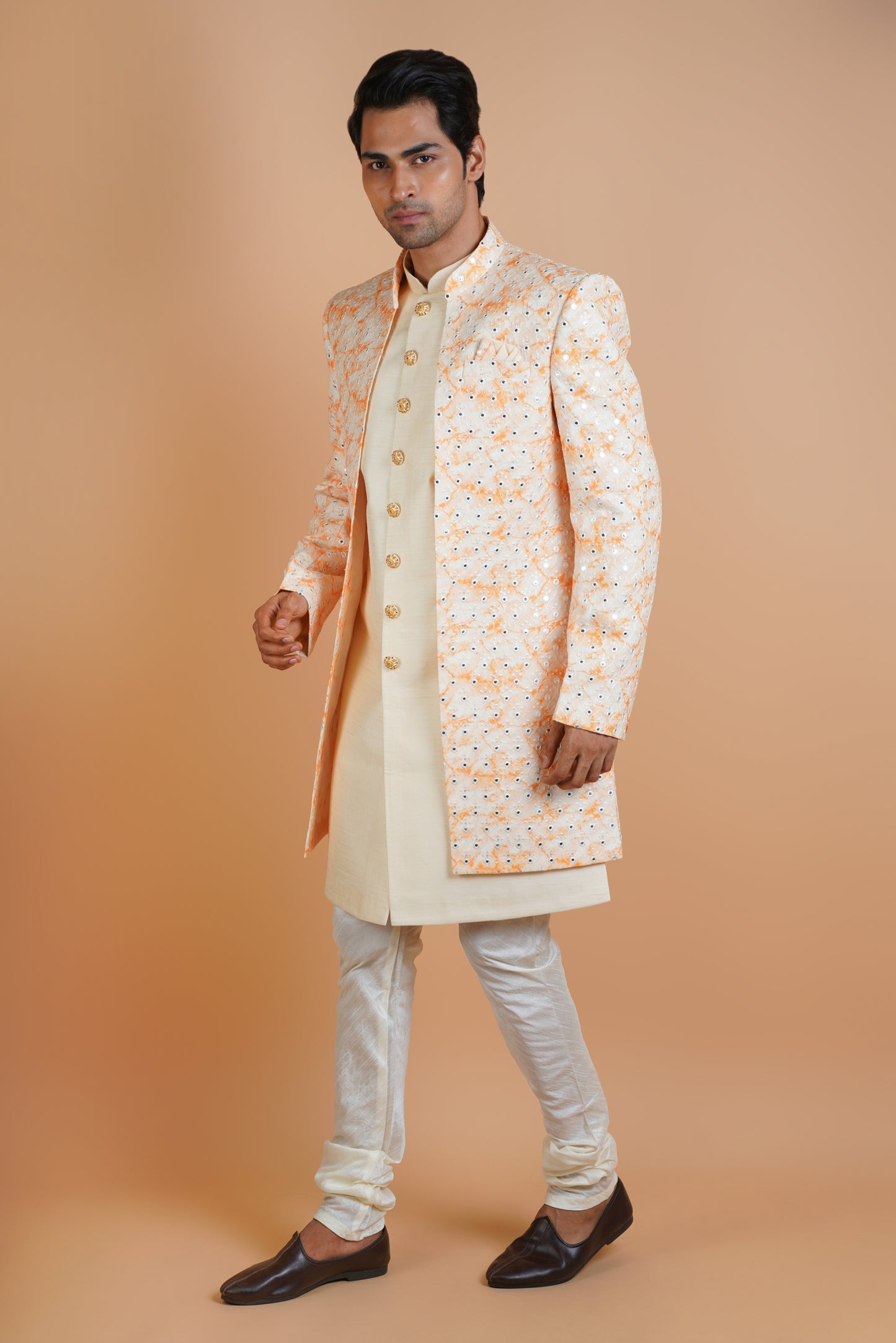 Light Shaded Orange on Beige Colour Indo Western Kurta Set with Sequin work