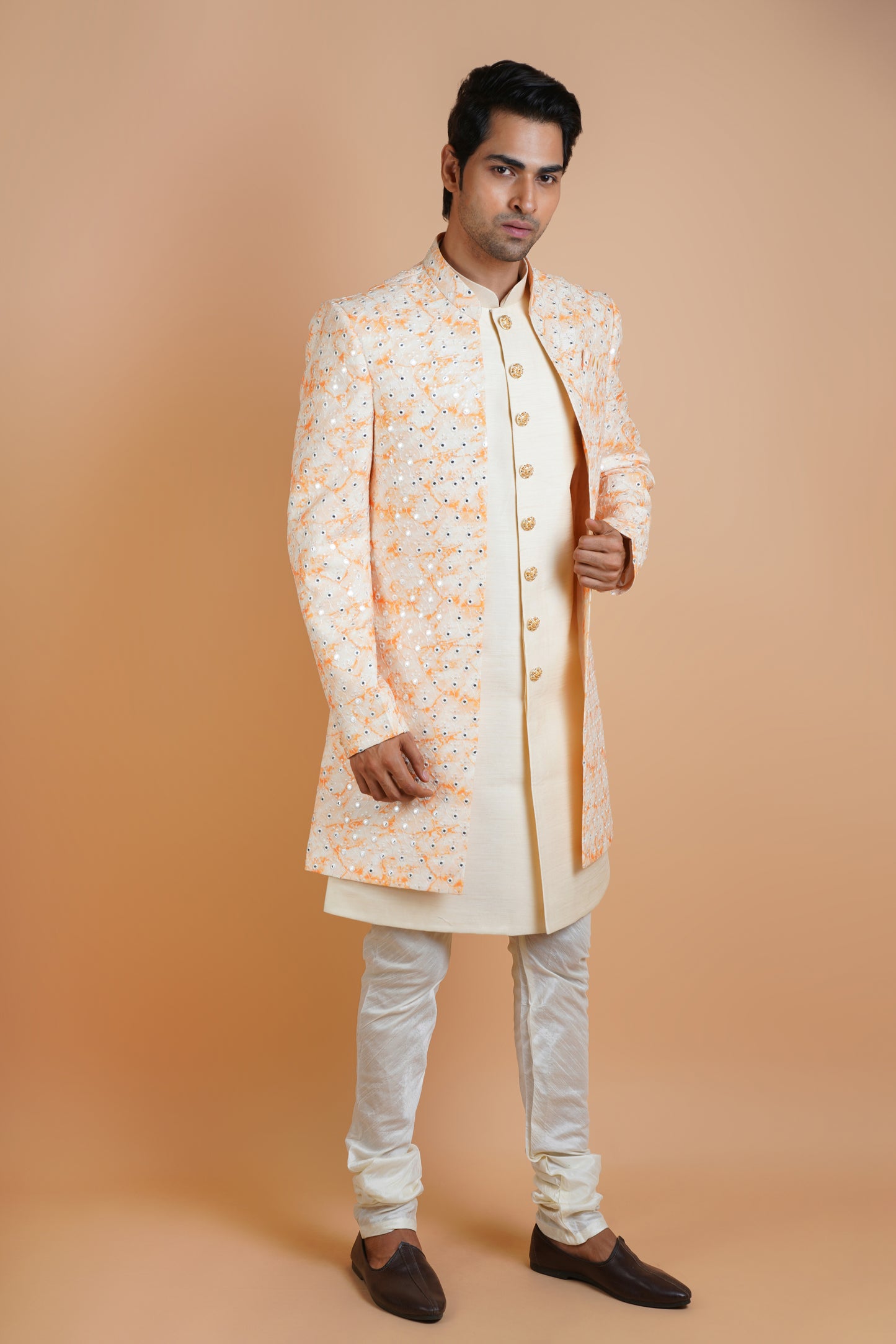 Light Shaded Orange on Beige Colour Indo Western Kurta Set with Sequin work