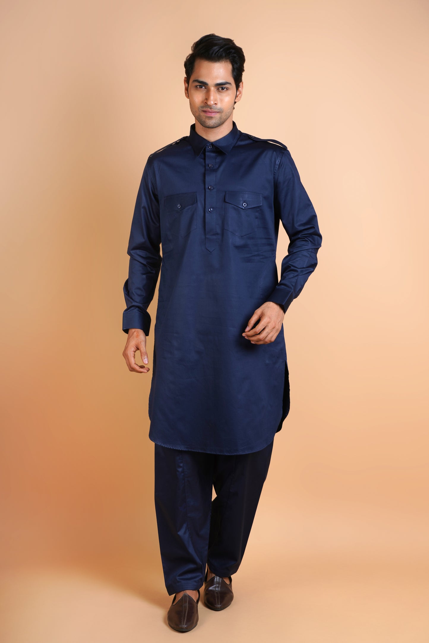 Men's Navy Blue Pathani Style Kurta