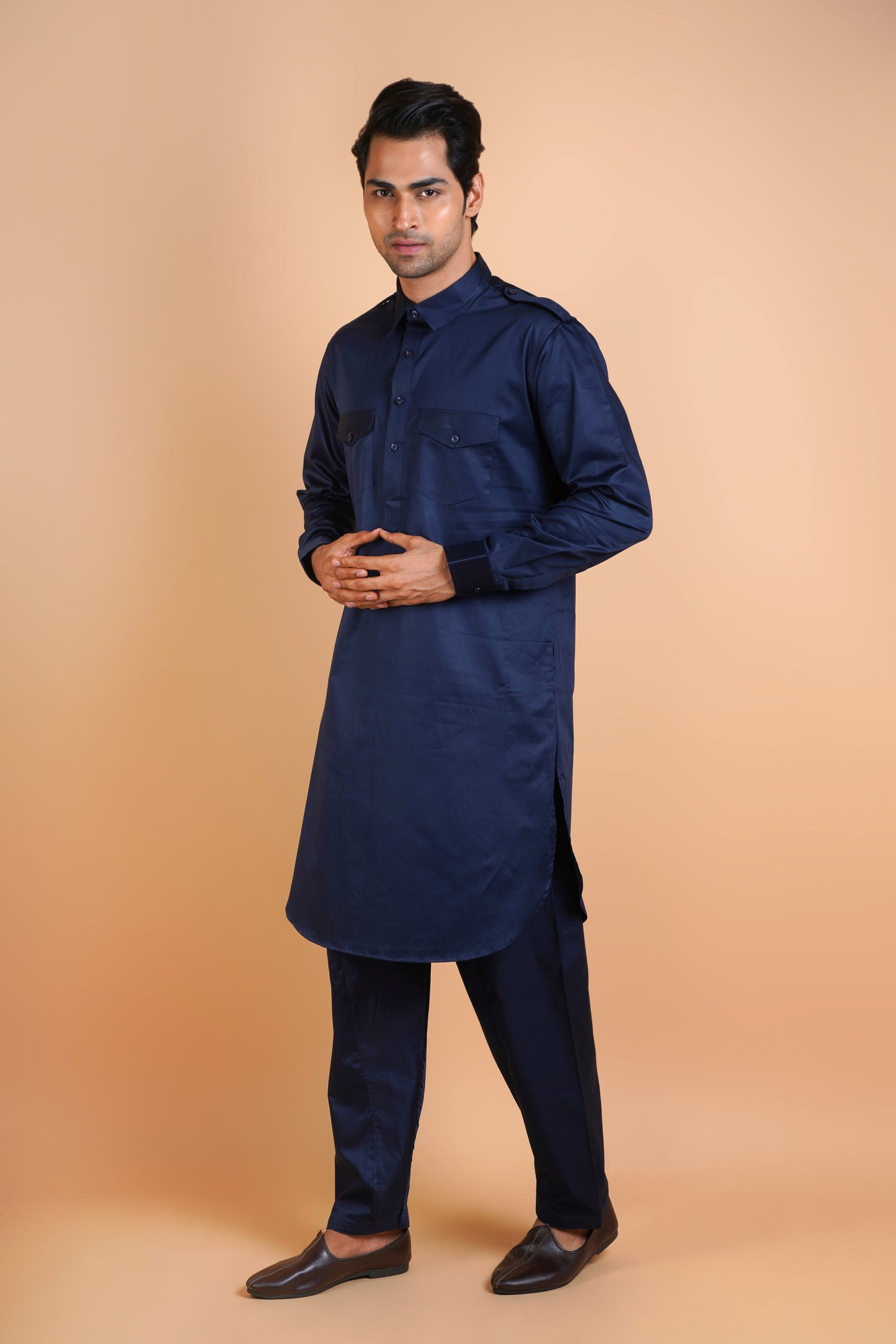 Men's Navy Blue Pathani Style Kurta