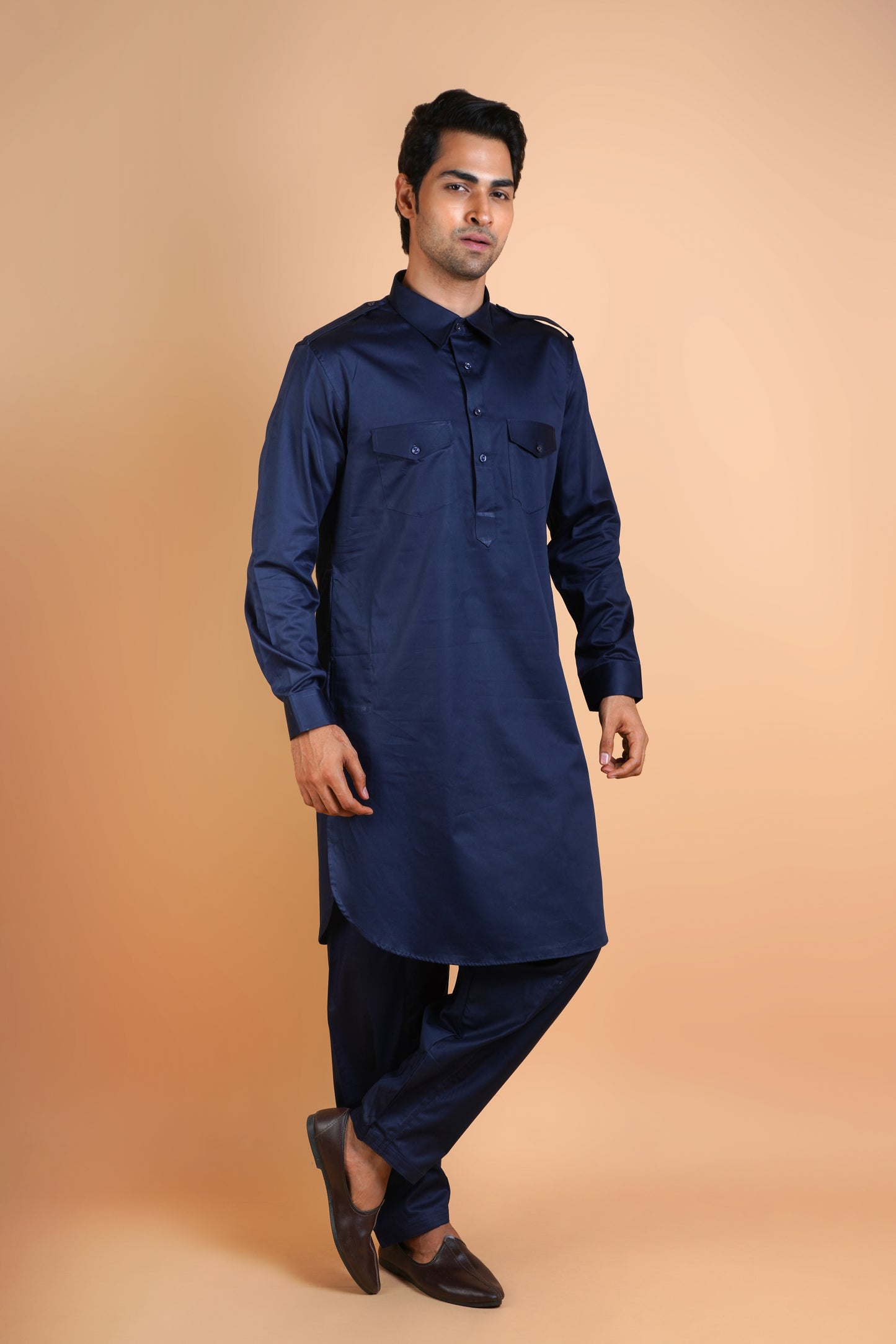 Men's Navy Blue Pathani Style Kurta