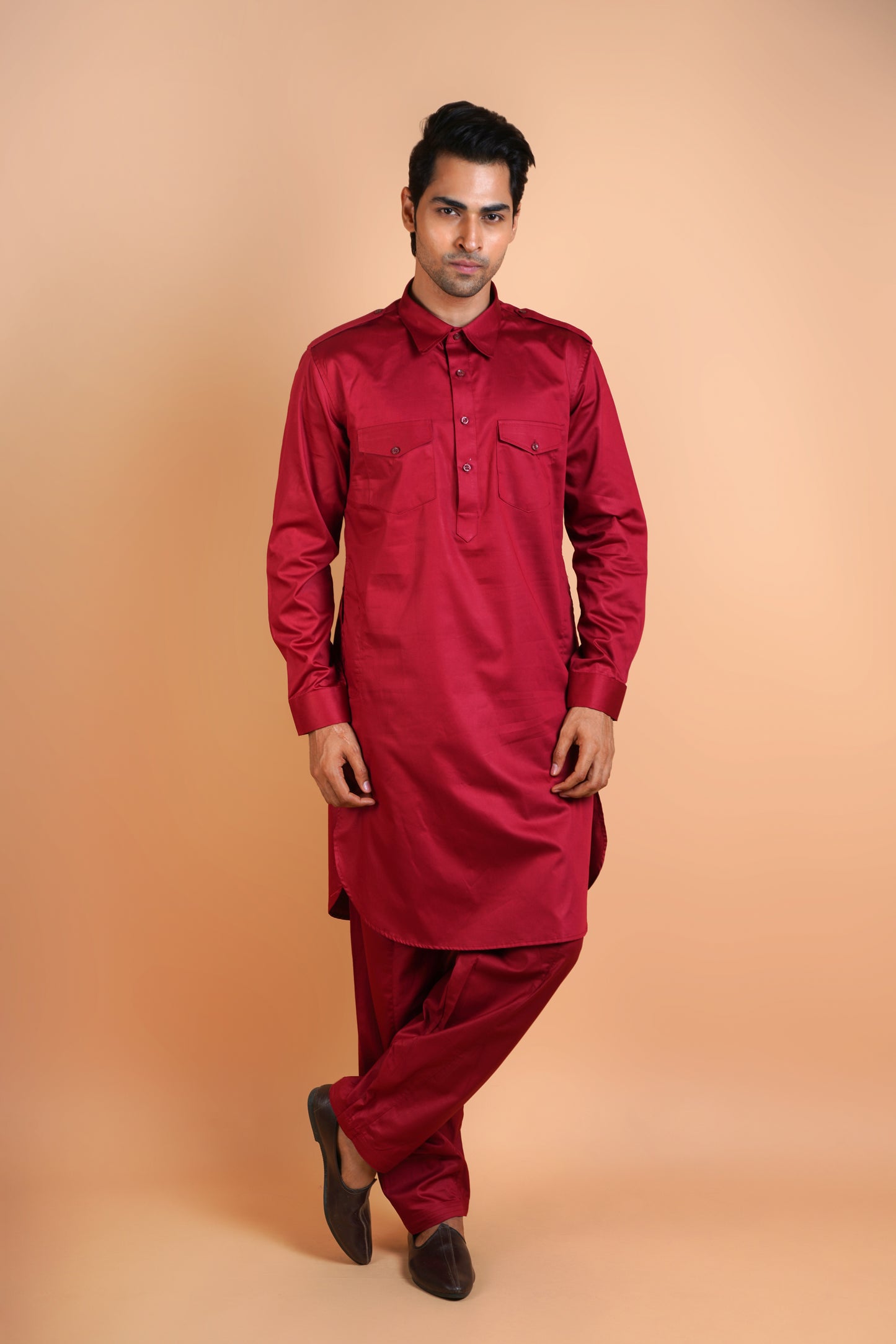 Men's Royal Red Colour Pathani Style Kurta