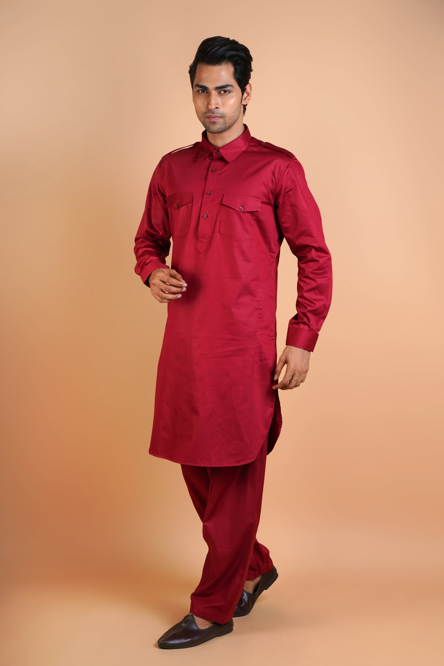 Men's Royal Red Colour Pathani Style Kurta