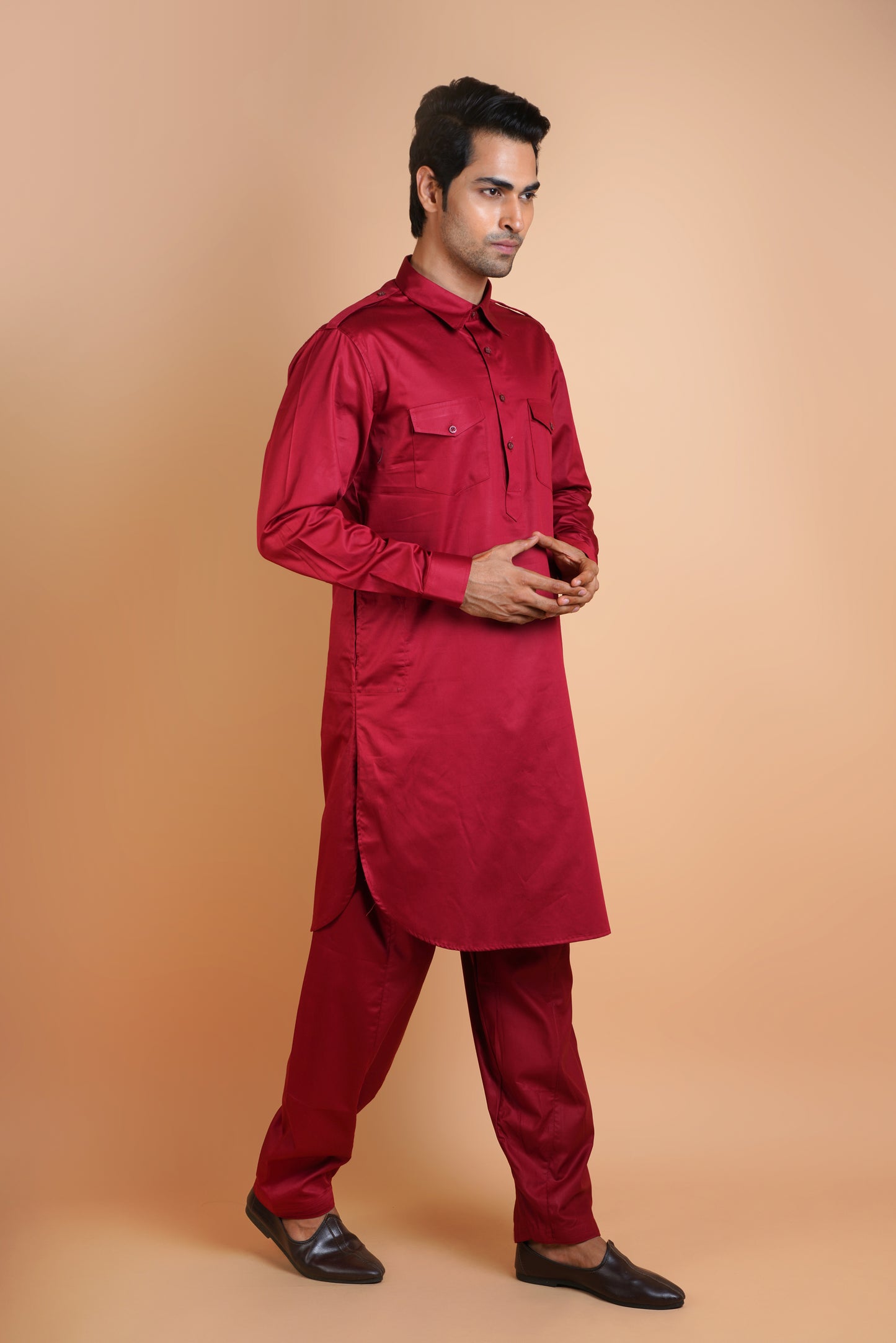 Men's Royal Red Colour Pathani Style Kurta