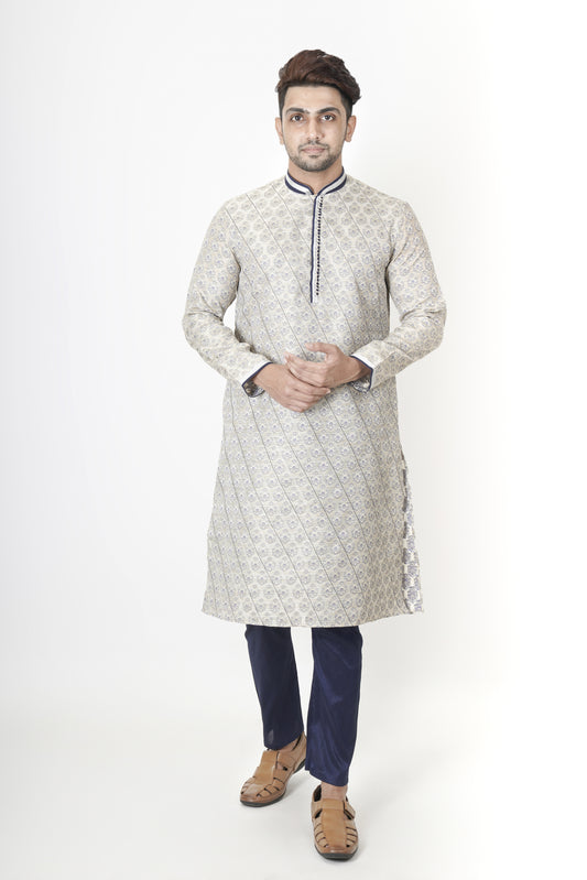 Off White colour Jacquard Kurta with Navy Blue pattern