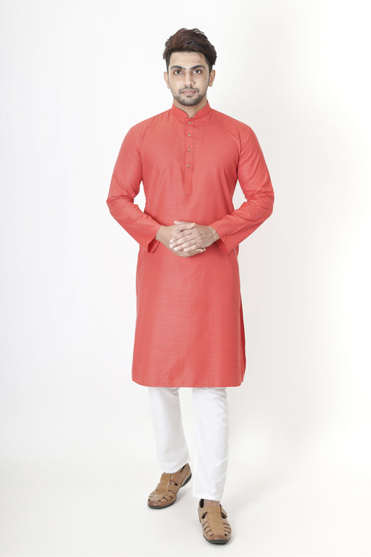 Light Red Plain Texture  Kurta | Cotton