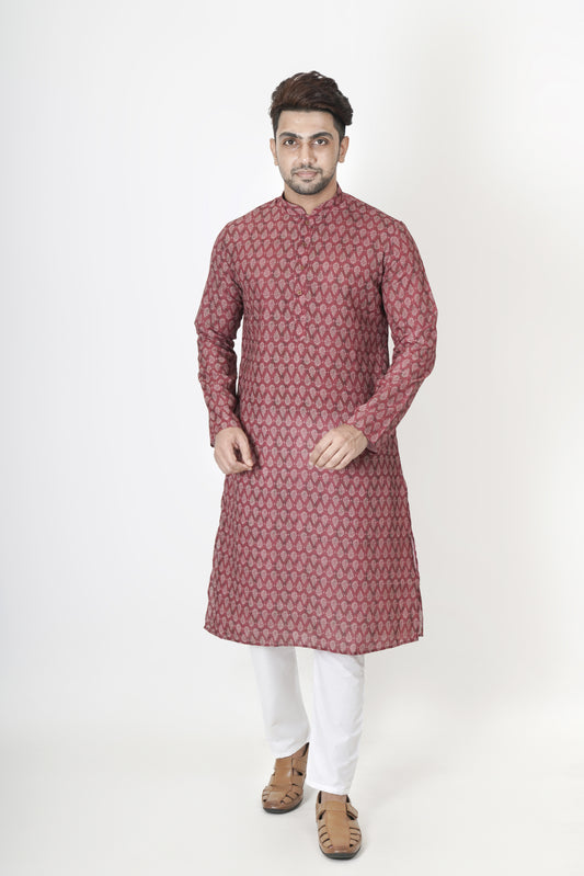 Light Burgundy Patterned Printed Kurta | Cotton