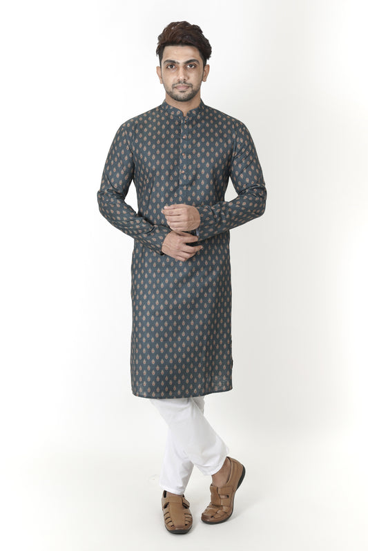 Dark Olive Blue Patterned Printed Kurta | Cotton