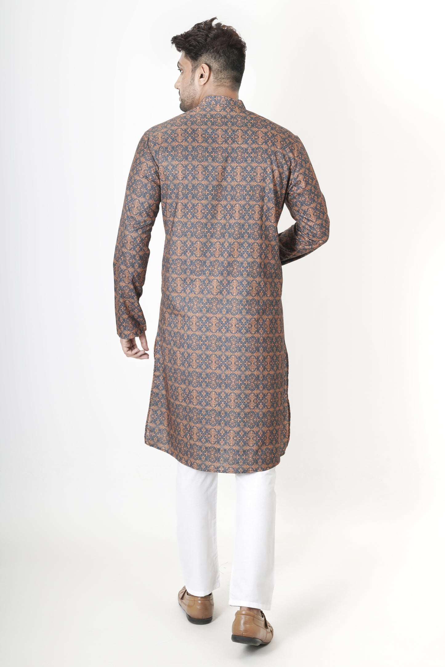 Dark Orange and Blue Patterned Printed Kurta | Cotton