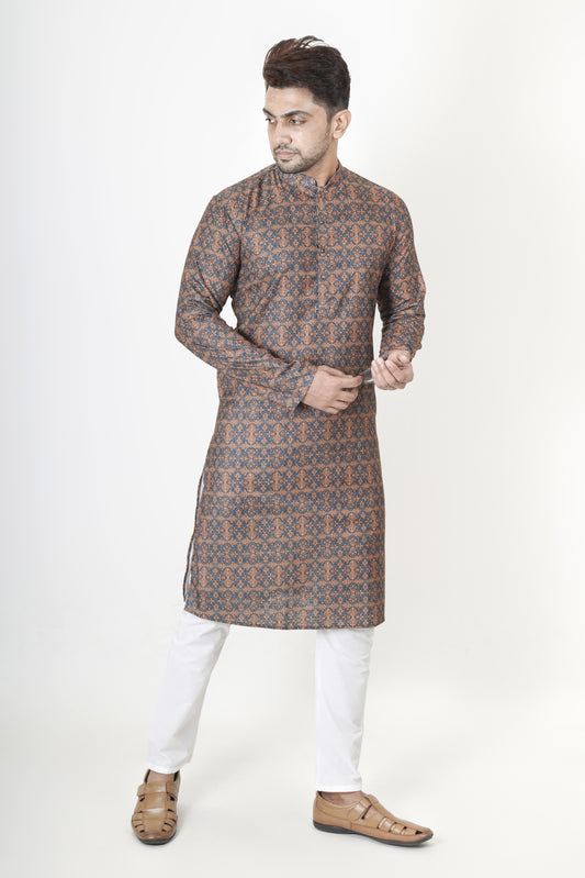 Dark Orange and Blue Patterned Printed Kurta | Cotton