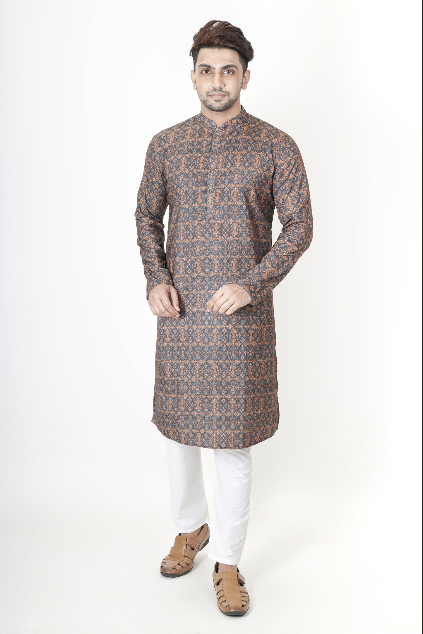 Dark Orange and Blue Patterned Printed Kurta | Cotton