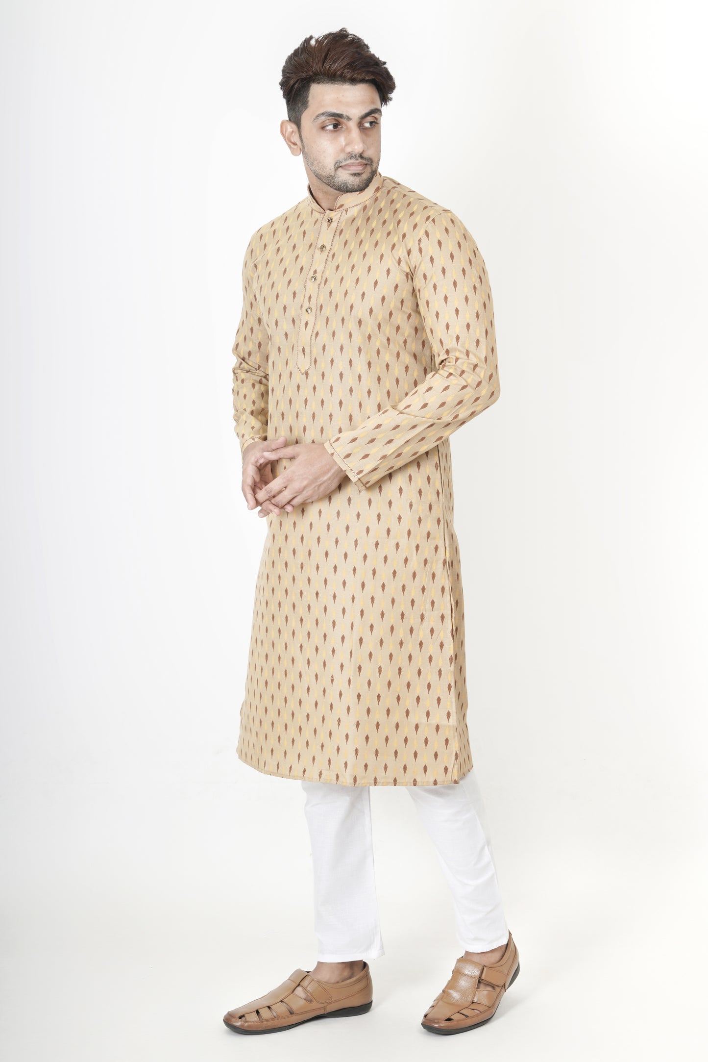 Light Beige Patterned Printed Kurta | Cotton