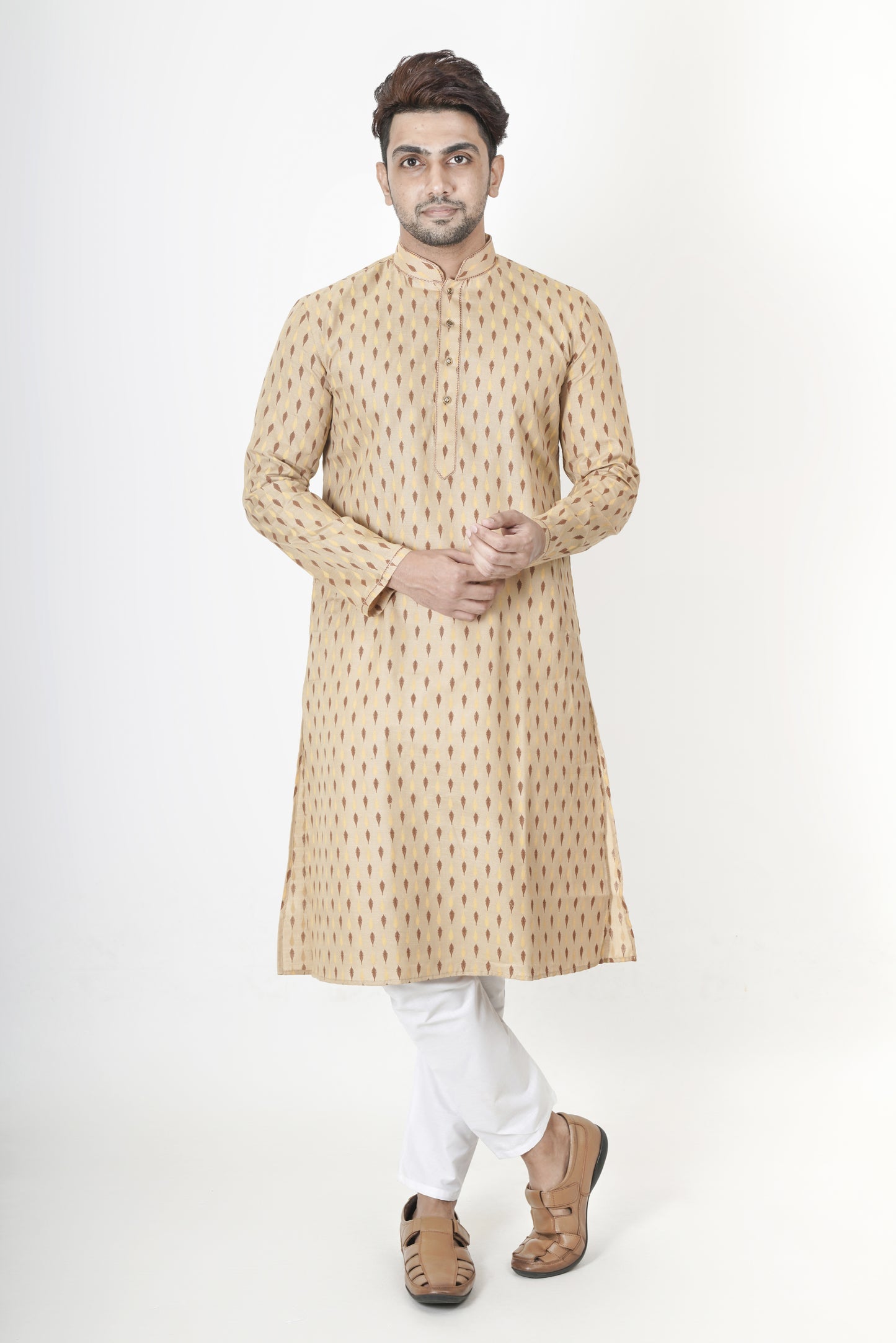 Light Beige Patterned Printed Kurta | Cotton