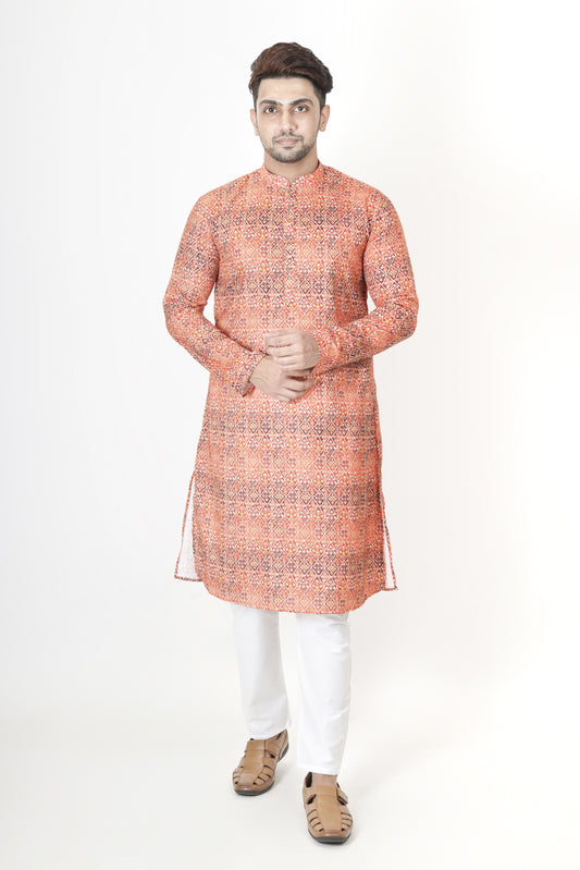 Light Orange Patterned Printed Kurta | Cotton