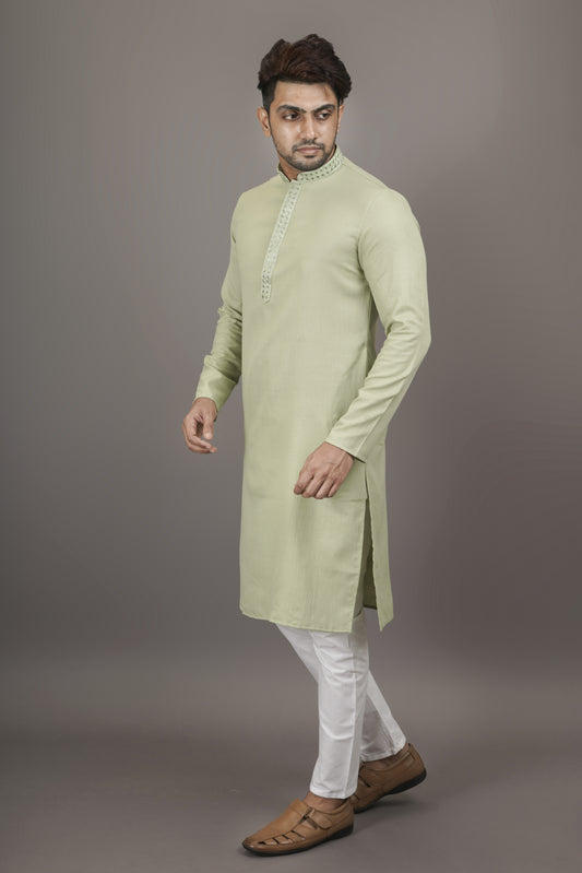 Smoky Pista Green Colour Plain Pastel Kurta | Cotton