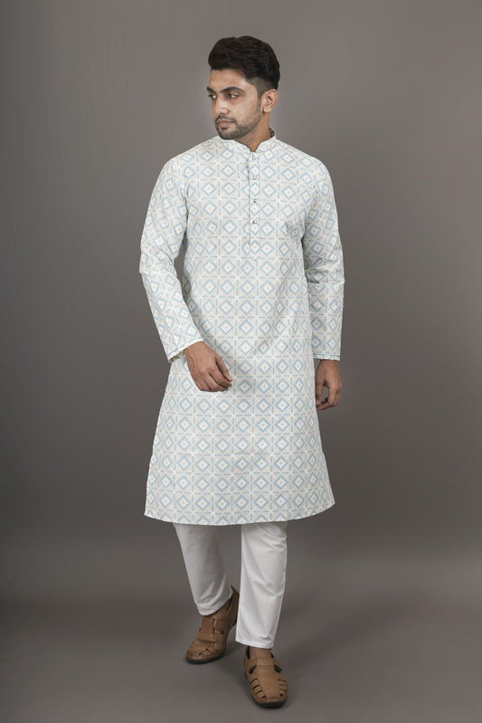 Super Light Blue Colour Patterned Printed Kurta | Cotton