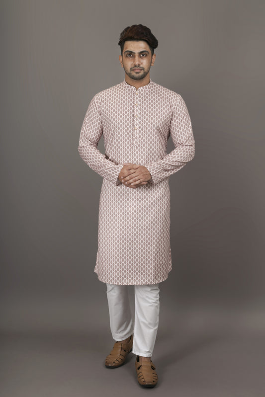 White and Light Brown Colour Patterned Printed Kurta | Cotton