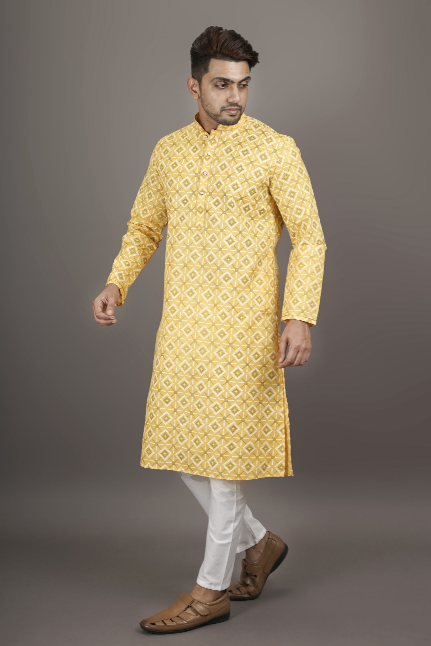 Light Yellow Colour Patterned Printed Kurta | Cotton