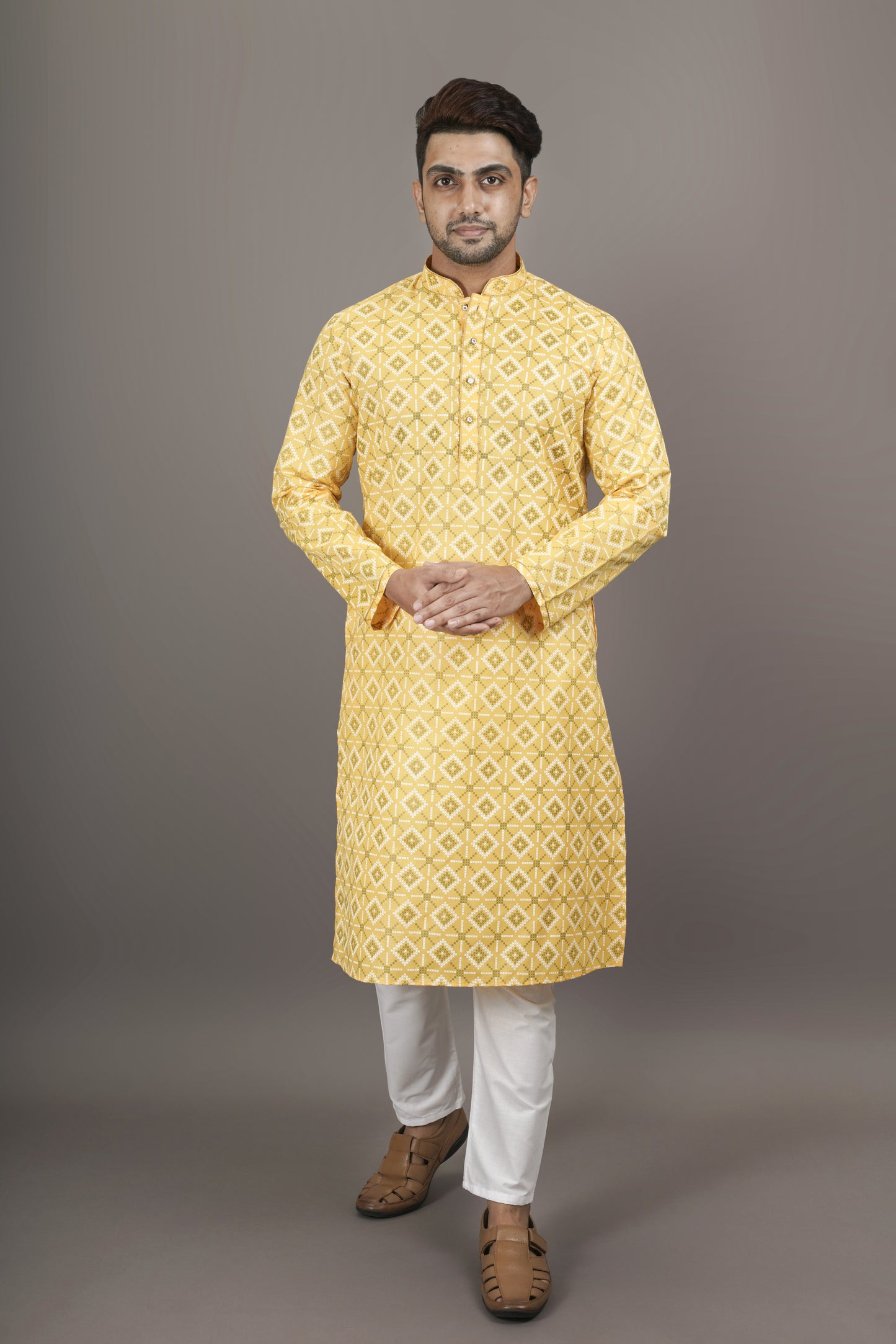 Light Yellow Colour Patterned Printed Kurta | Cotton