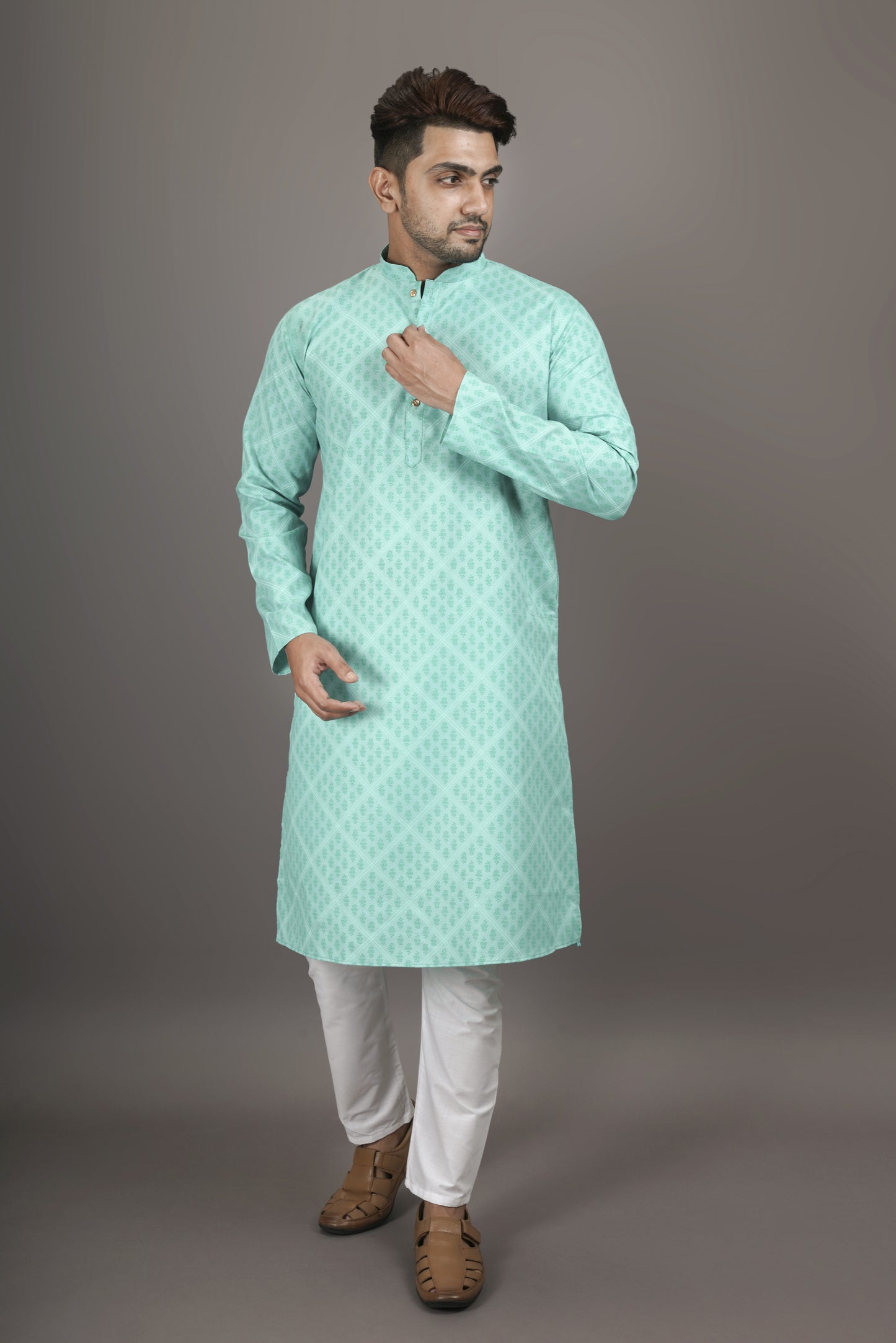 Super Light Turquoise Colour Patterned Printed Kurta | Cotton