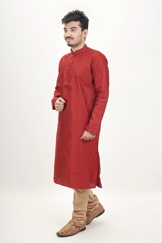 Smokey Red Patterned Jacquard Kurta