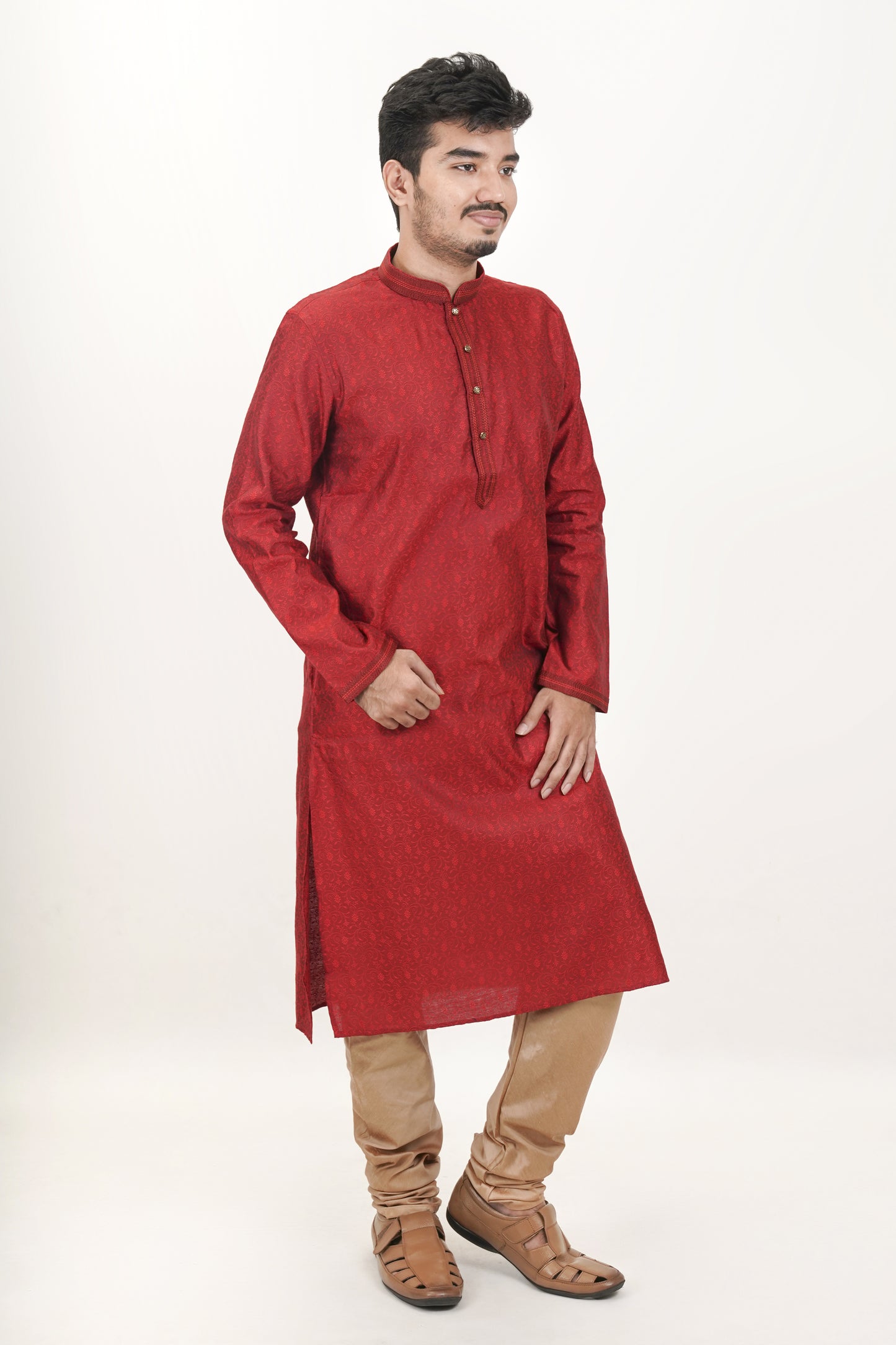 Smokey Red Patterned Jacquard Kurta