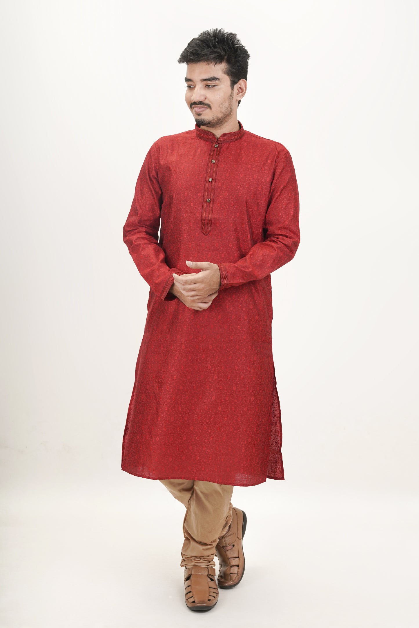 Smokey Red Patterned Jacquard Kurta