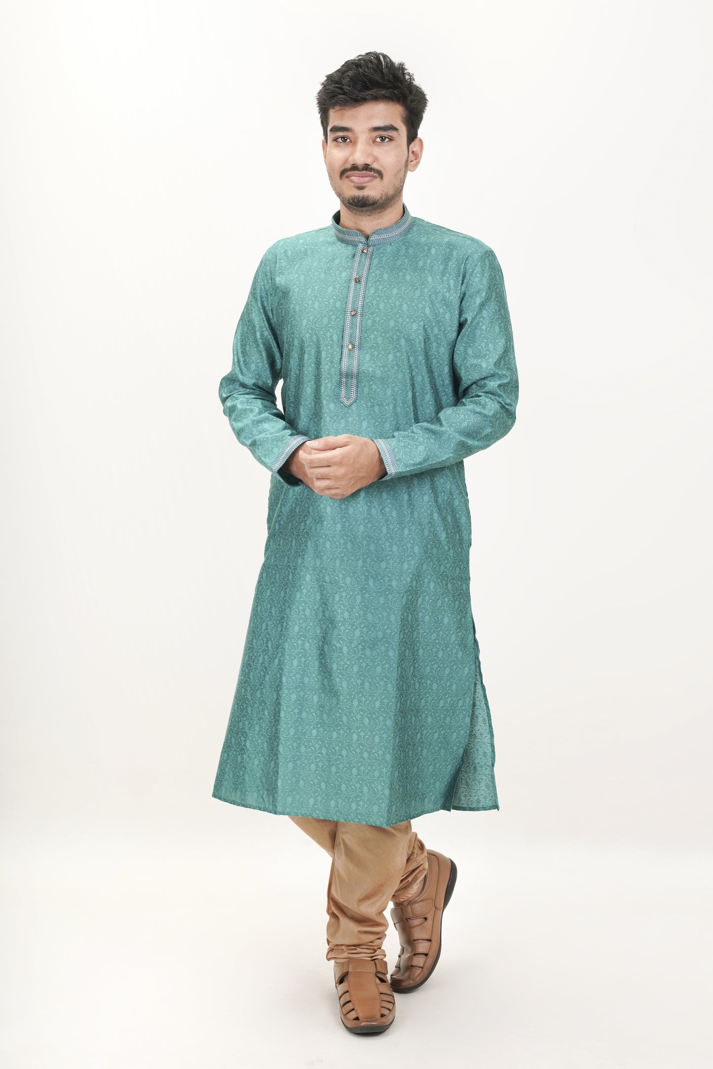 Dark Sea Green Colour Patterned Jacquard Kurta