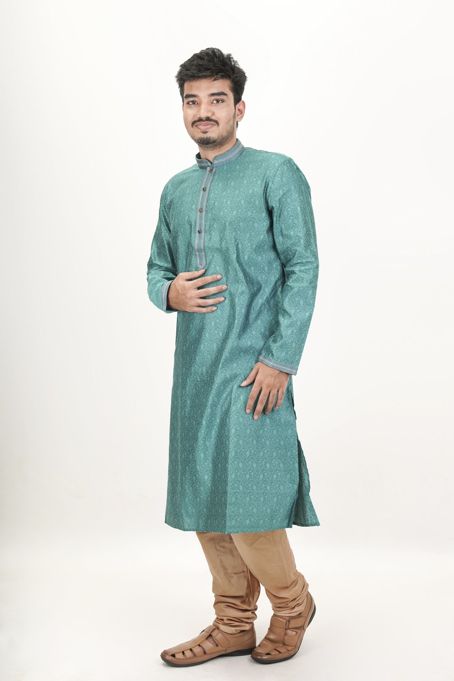 Dark Sea Green Colour Patterned Jacquard Kurta