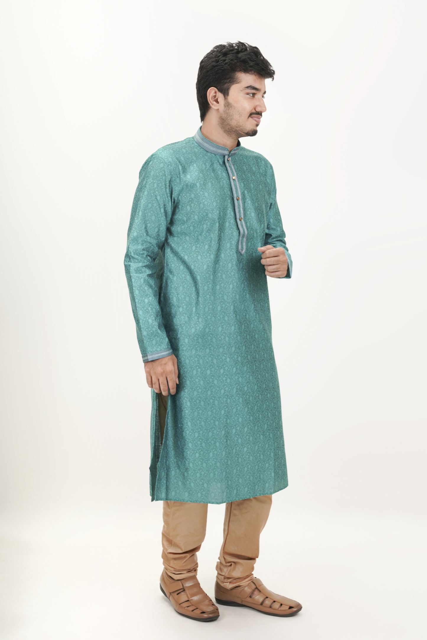 Dark Sea Green Colour Patterned Jacquard Kurta