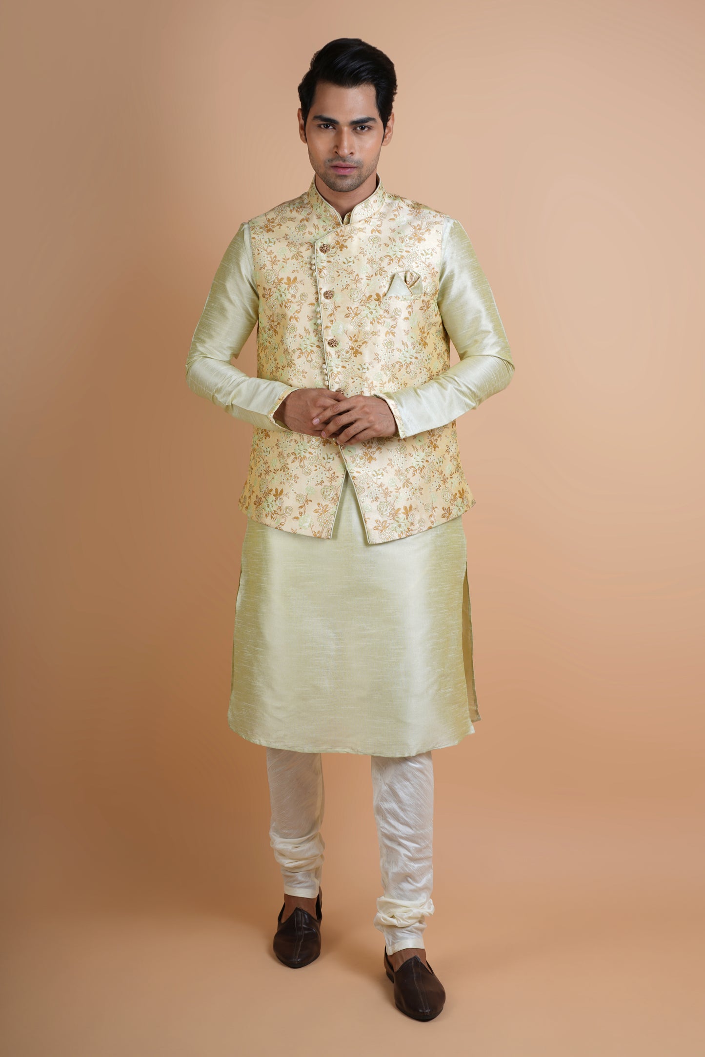 Faded Green Colour Kurta with Designer Beige Jacket | Jacket Kurta Set