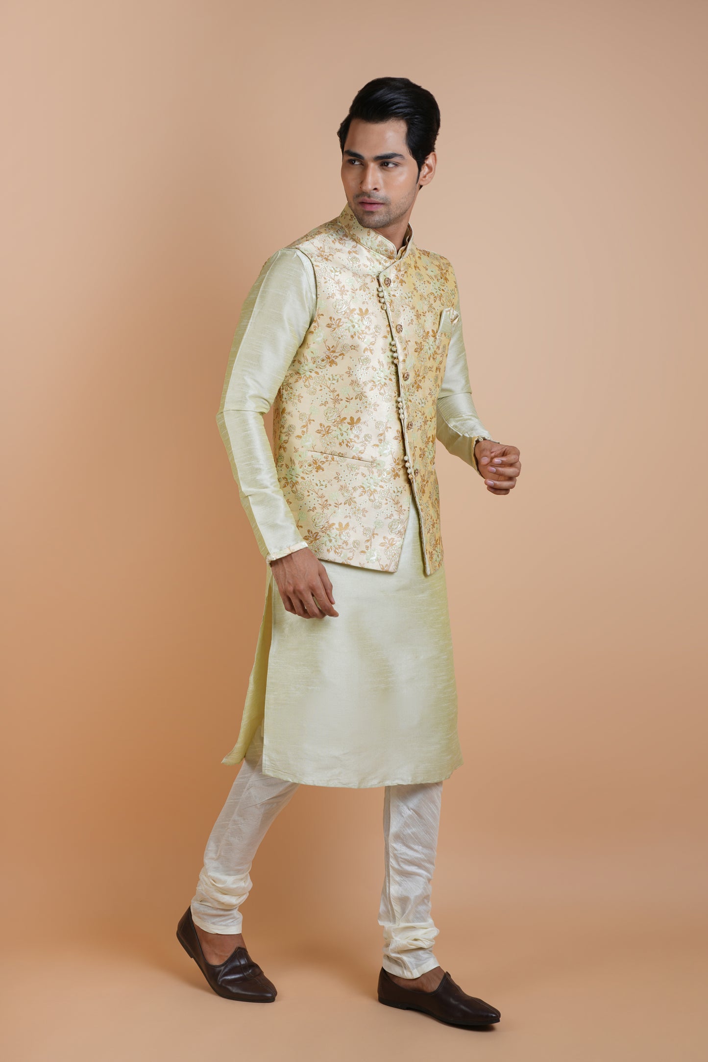 Faded Green Colour Kurta with Designer Beige Jacket | Jacket Kurta Set