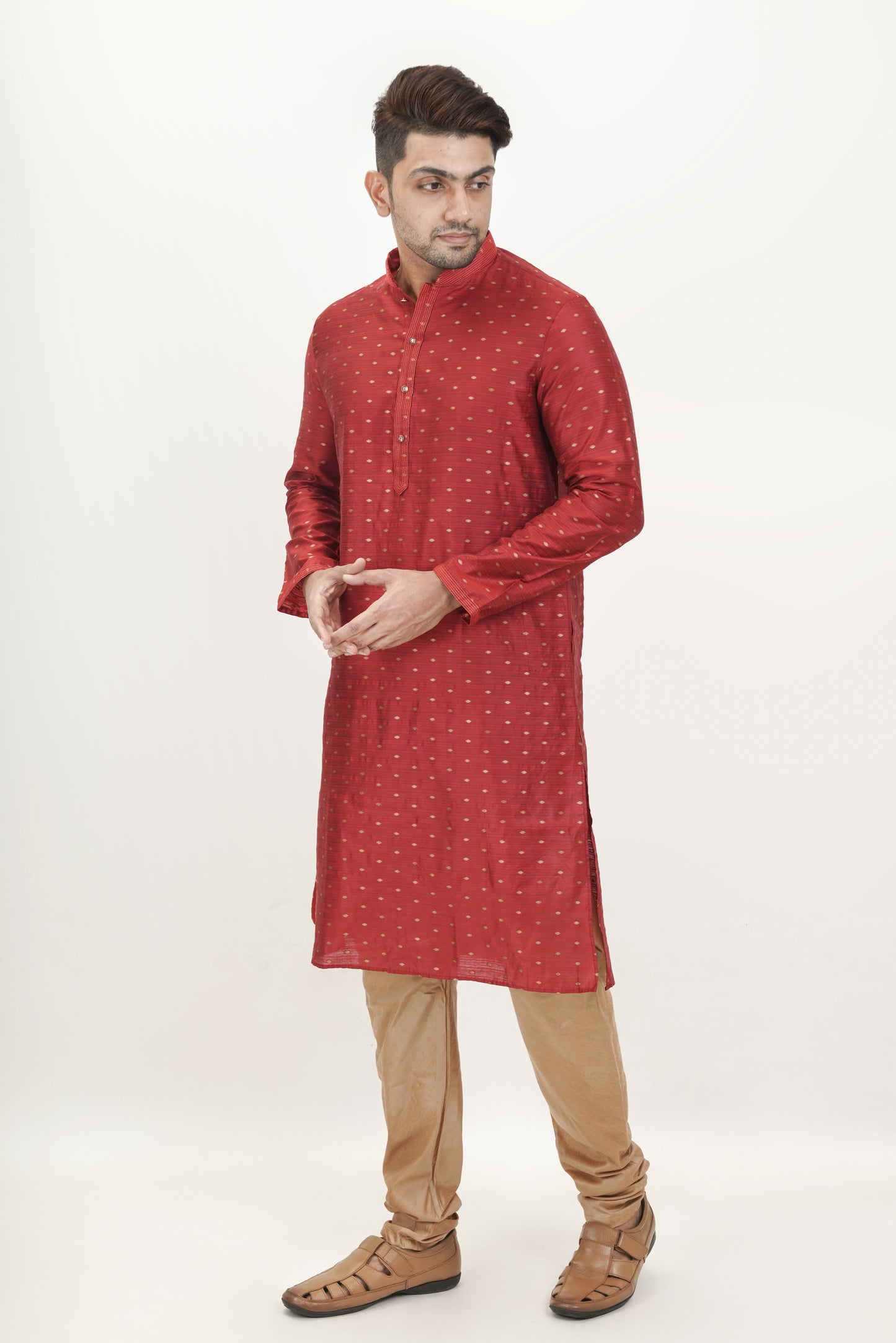 Red Colour Patterned Jacquard Kurta | Cotton