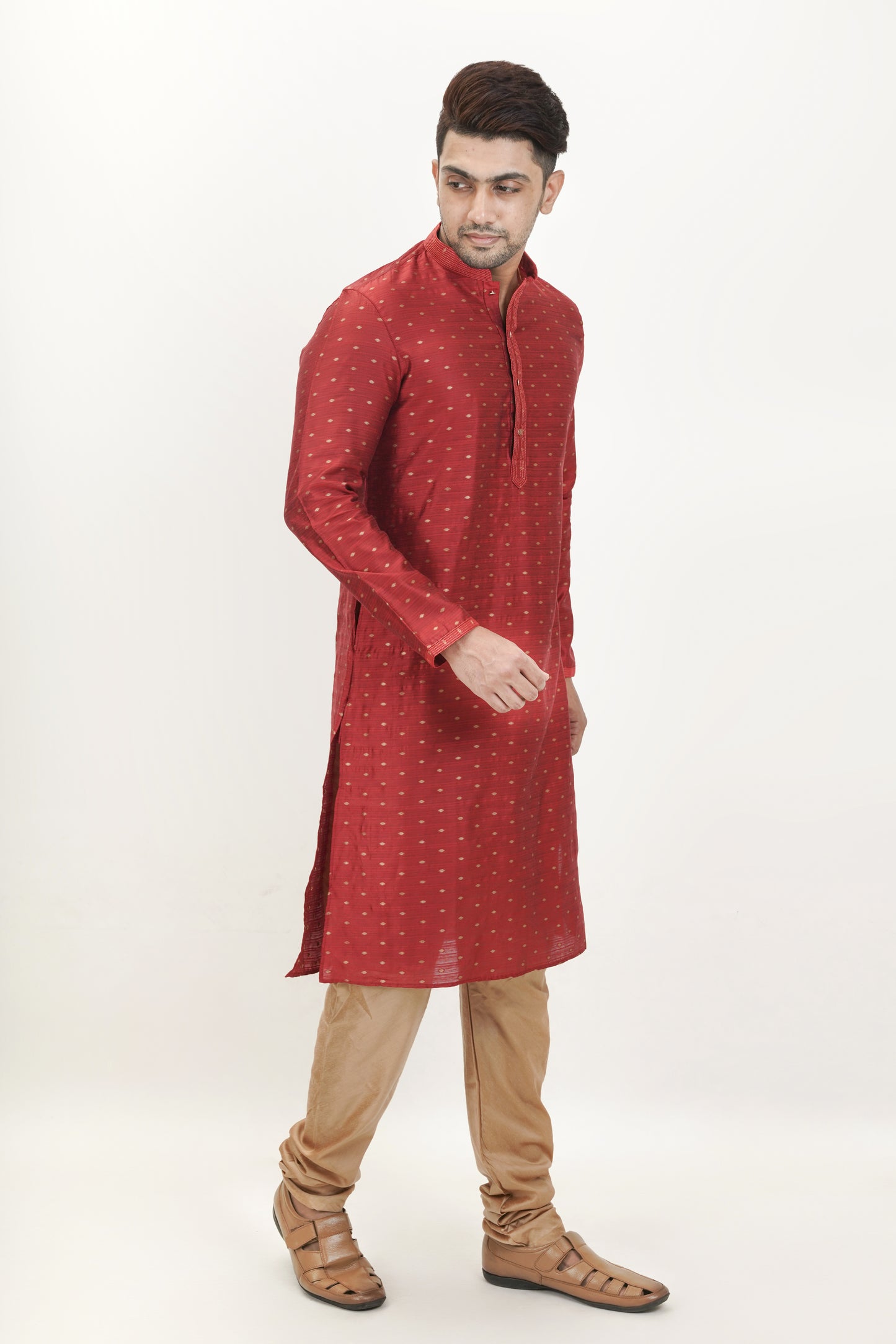 Red Colour Patterned Jacquard Kurta | Cotton