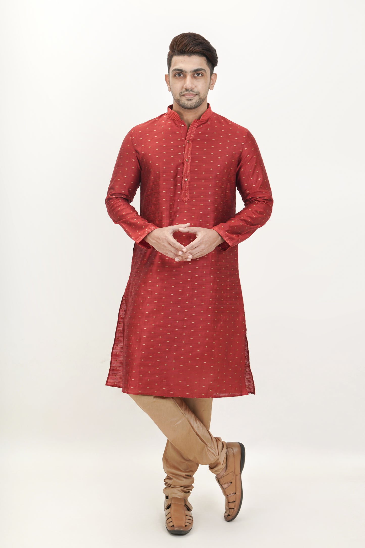 Red Colour Patterned Jacquard Kurta | Cotton