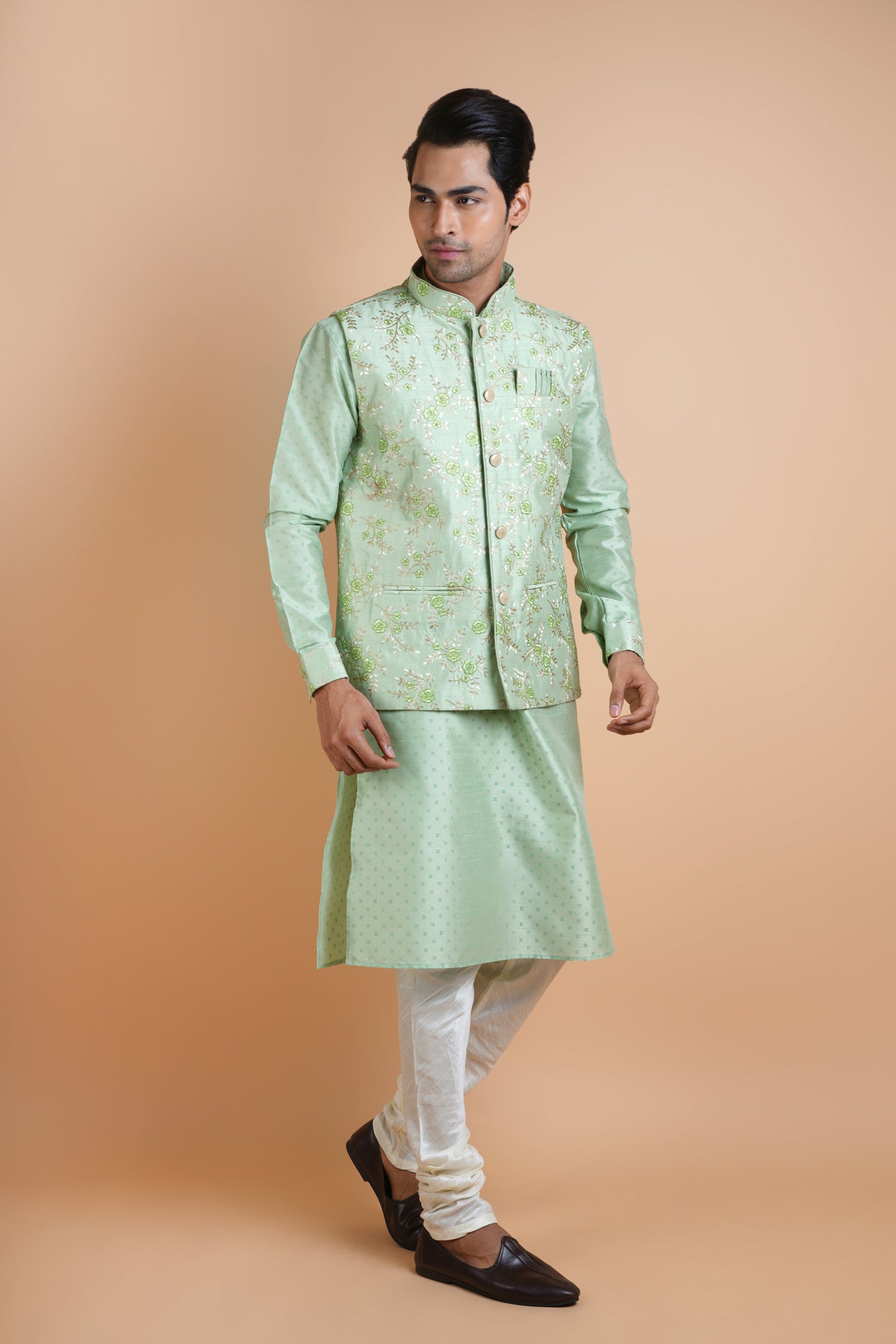 Pista Green Colour Kurta with Designer Jacket | Jacket Kurta Set