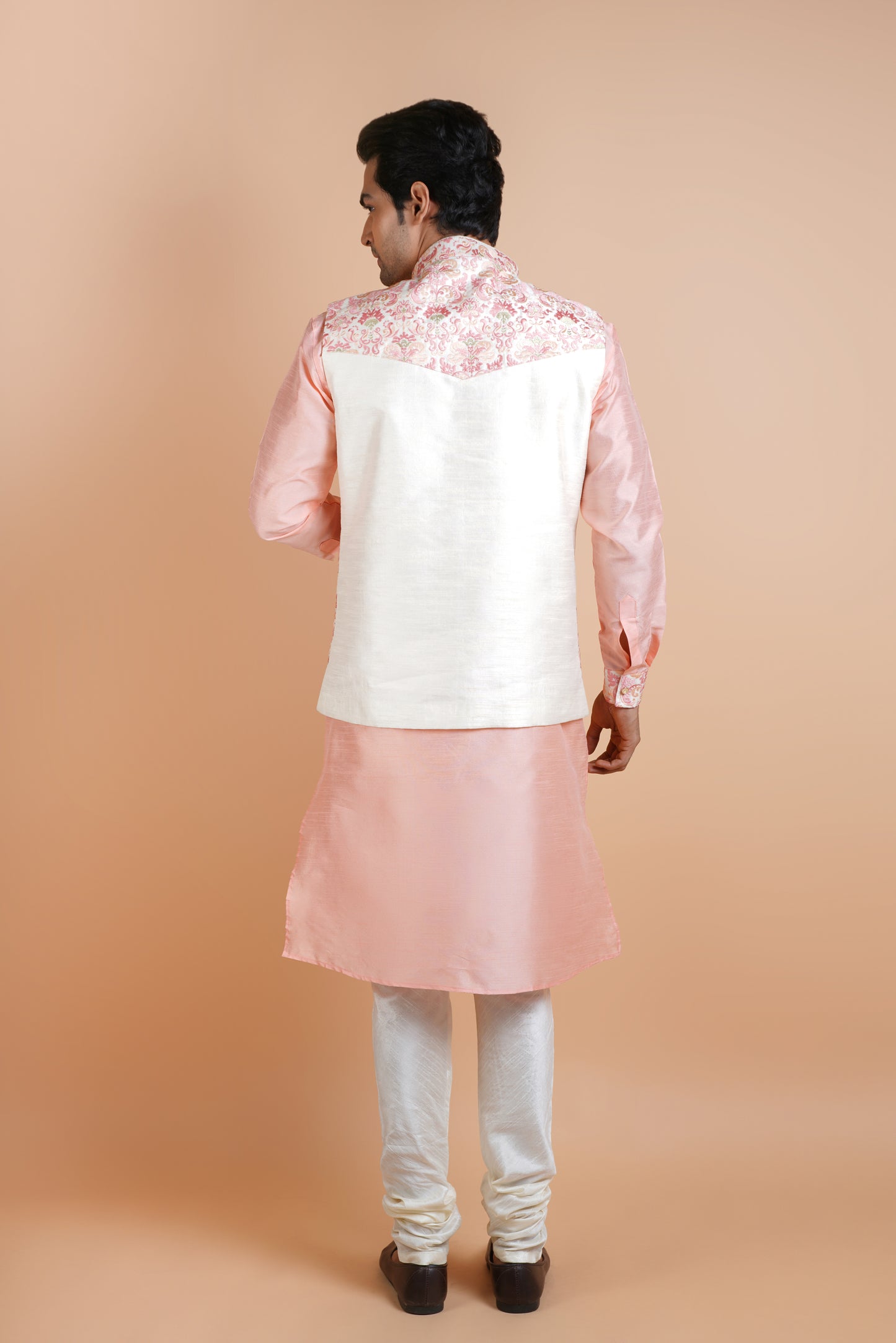 Salmon Pink Colour Kurta with Beige Designer Jacket | Jacket Kurta Set