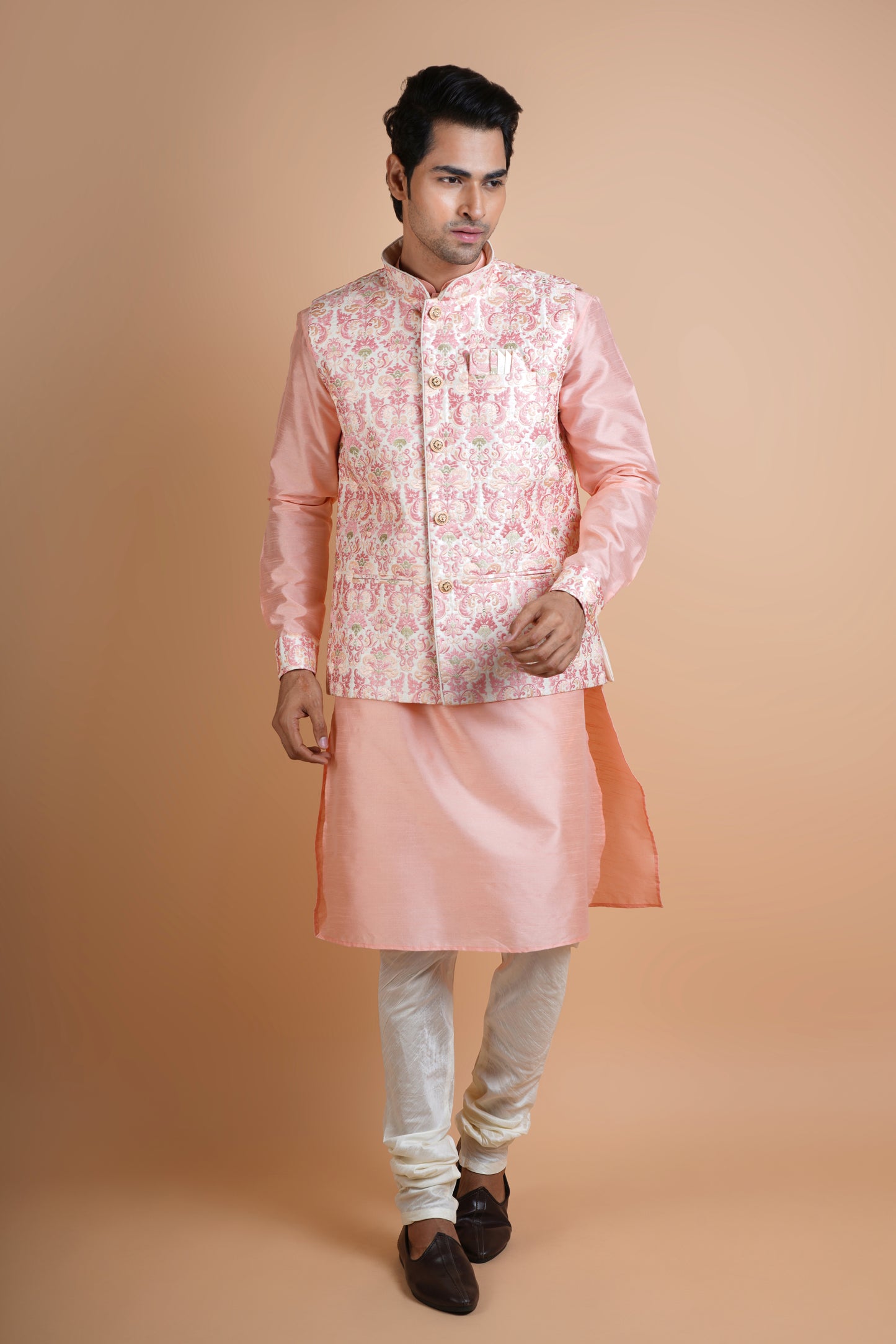 Salmon Pink Colour Kurta with Beige Designer Jacket | Jacket Kurta Set