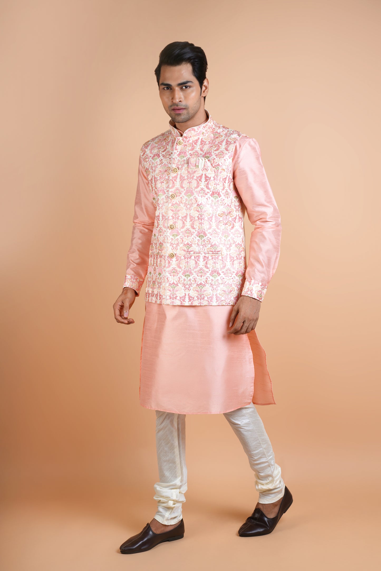 Salmon Pink Colour Kurta with Beige Designer Jacket | Jacket Kurta Set