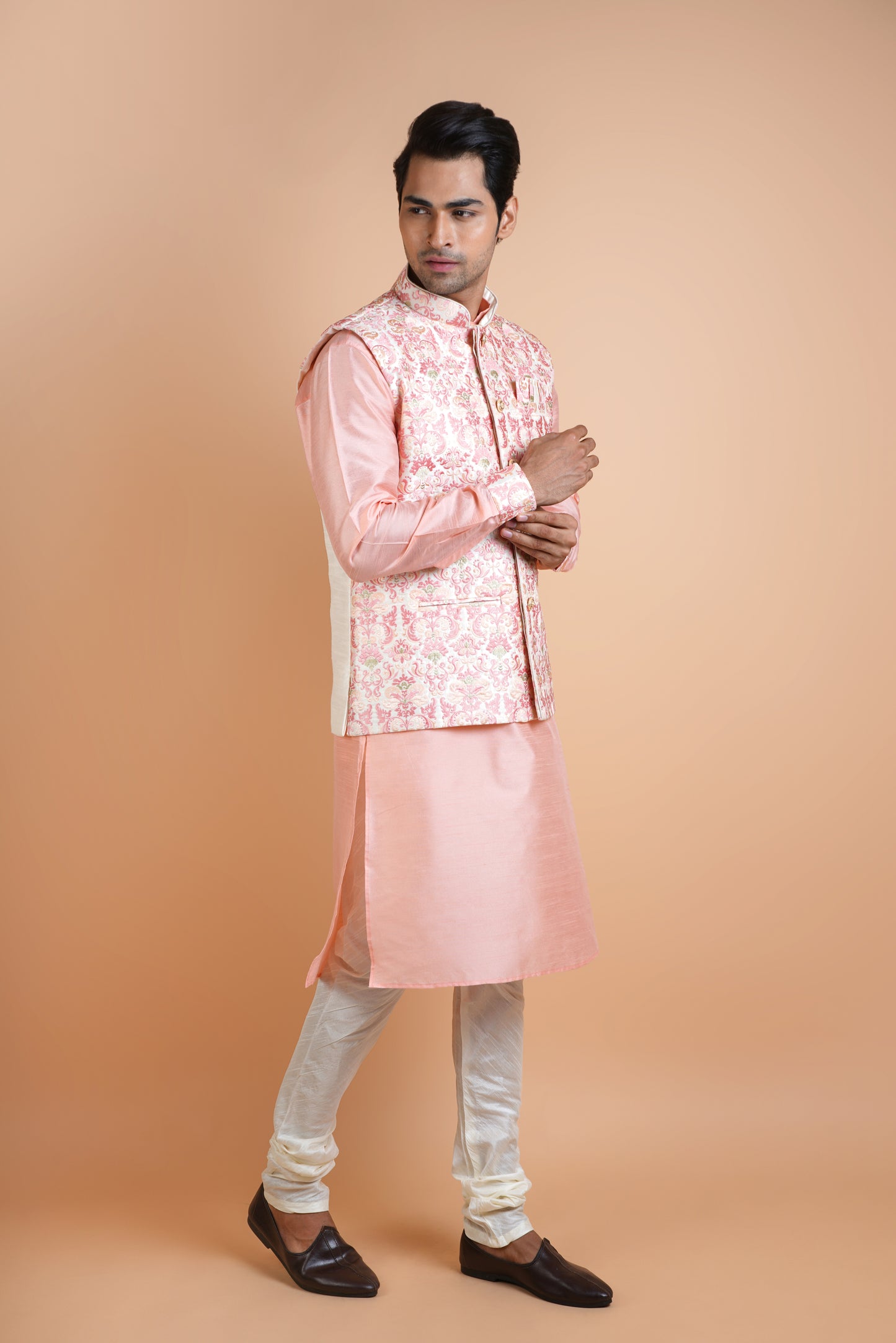 Salmon Pink Colour Kurta with Beige Designer Jacket | Jacket Kurta Set