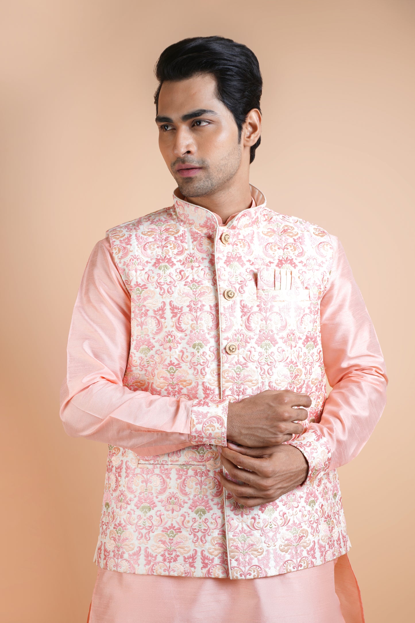 Salmon Pink Colour Kurta with Beige Designer Jacket | Jacket Kurta Set