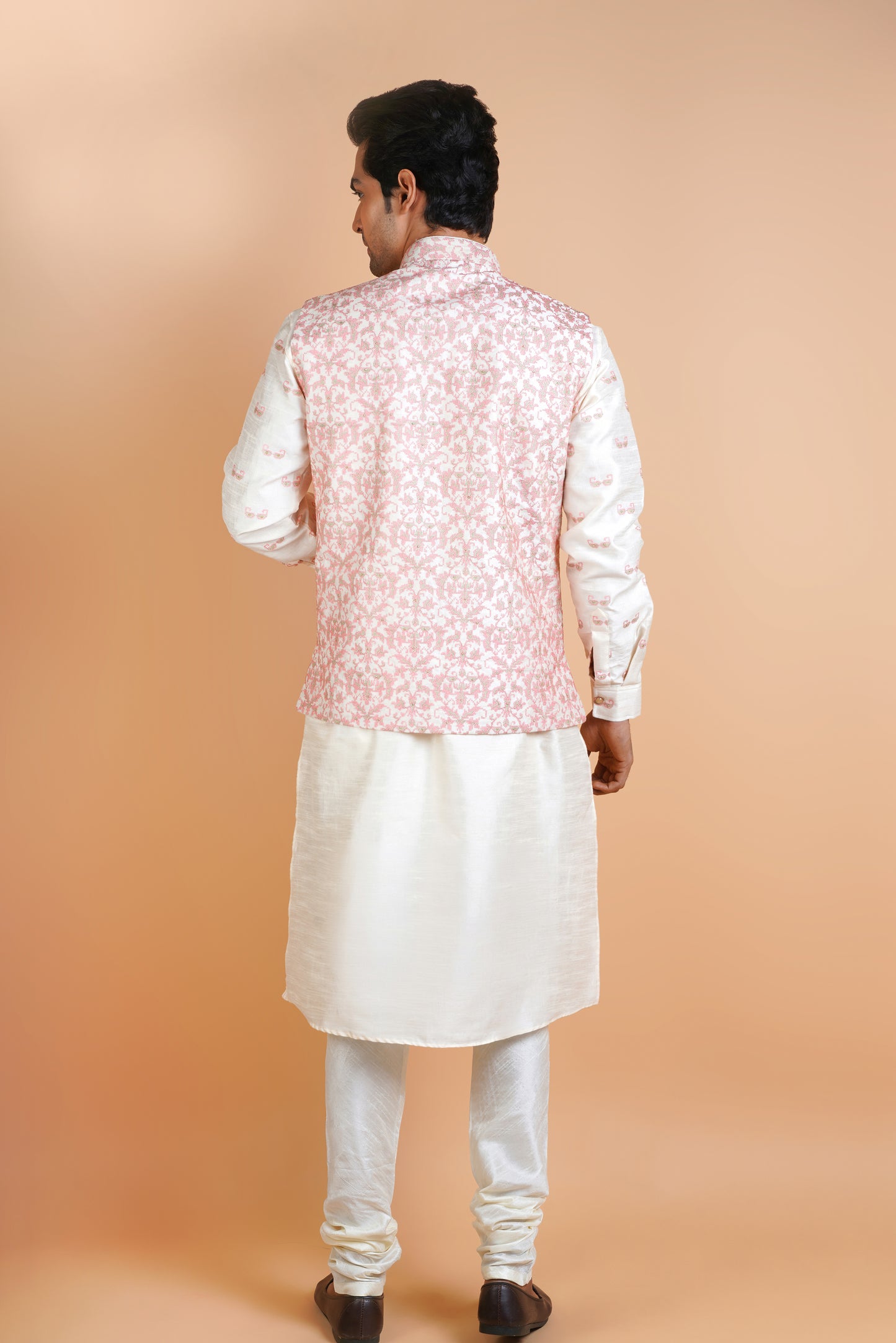 Beige Colour Kurta with Salmon Pink Designer Jacket | Jacket Kurta Set